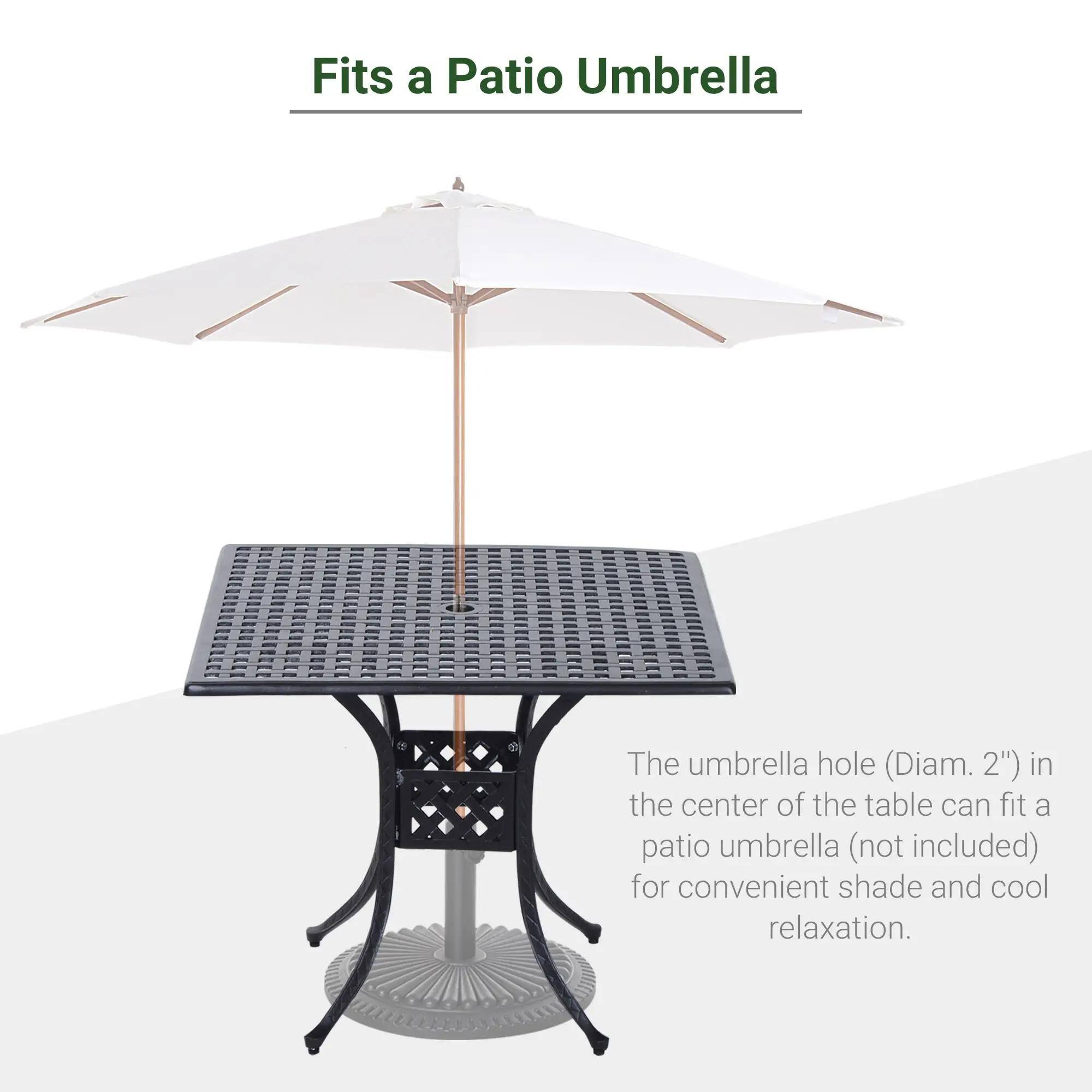 Fits a Patio Umbrella

The umbrella hole (Diam. 2") in the center of the table can fit a patio umbrella (not included) for convenient shade and cool relaxation.