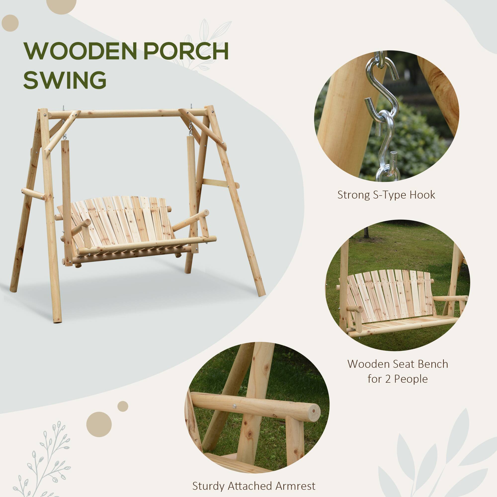WOODEN PORCH SWING
Strong S-Type Hook
Wooden Seat Bench for 2 People
Sturdy Attached Armrest