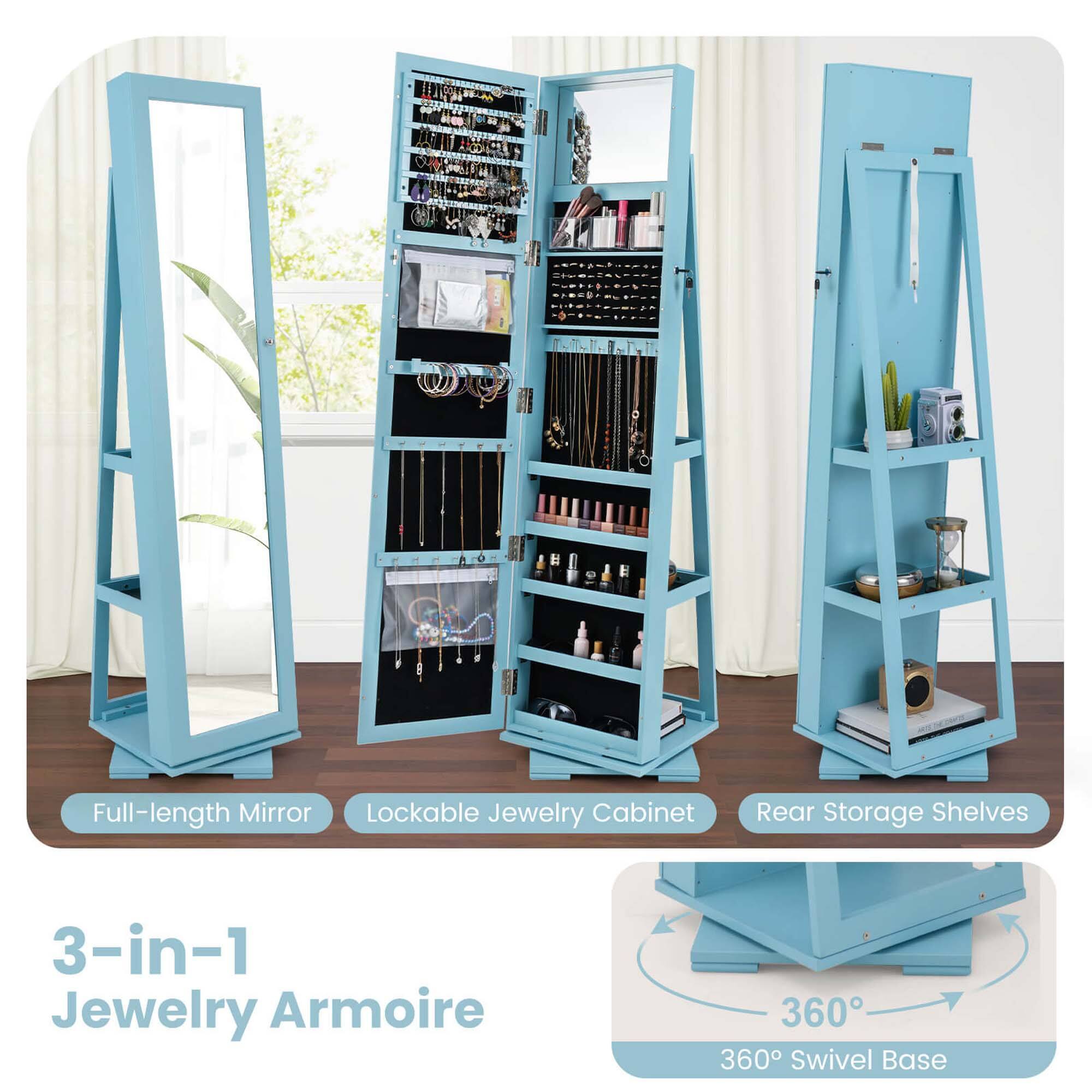 Full-length Mirror  
Lockable Jewelry Cabinet  
Rear Storage Shelves  

3-in-1 Jewelry Armoire  

360° Swivel Base