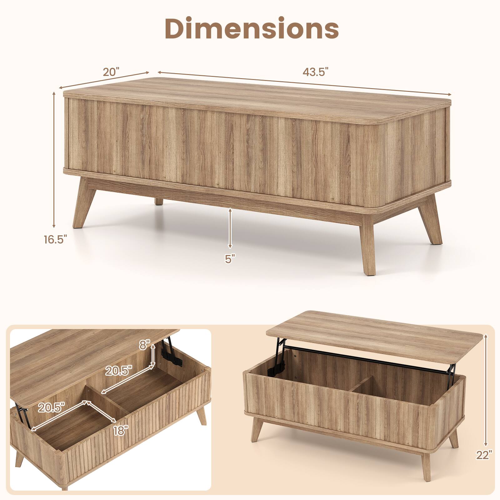 Dimensions: 20" x 43.5" x 16.5" x 5" x 8" x 20.5" x 20.5" x 18" x 22"