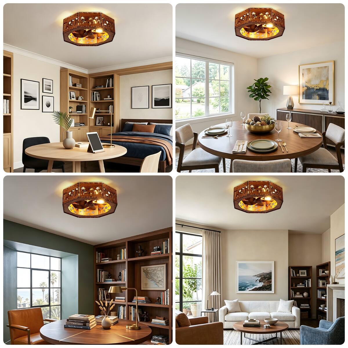 Alt View 1. Loheer - Loheer Farmhouse Ceiling Fan with Light, Caged Fandelier with Hidden Blades, Low Profile Wood Design.