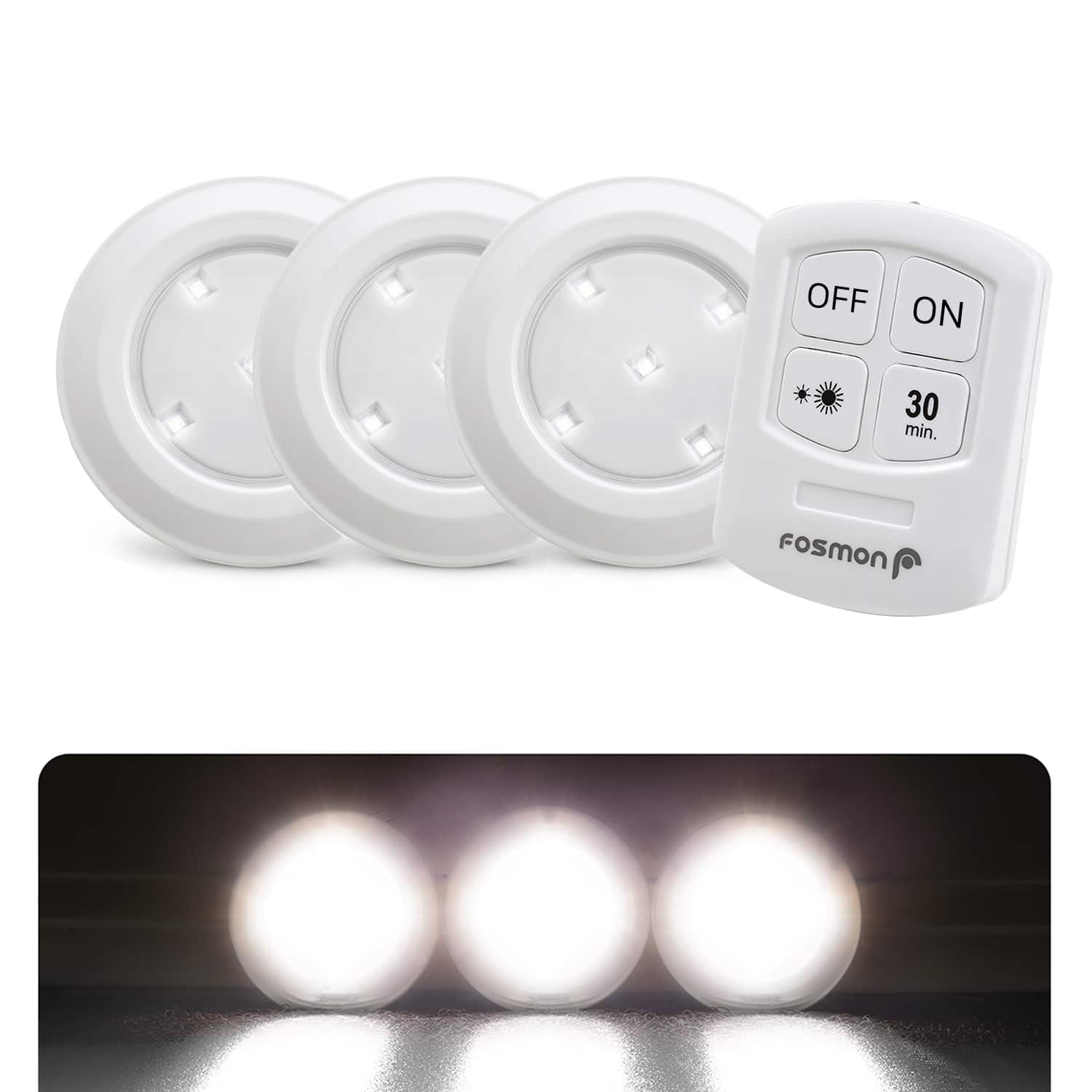 Fosmon - LED Night Light 3 Pack, Cabinet Lights Puck Wireless Touch Light with Remote Control (Battery Powered), LED Lamp - White