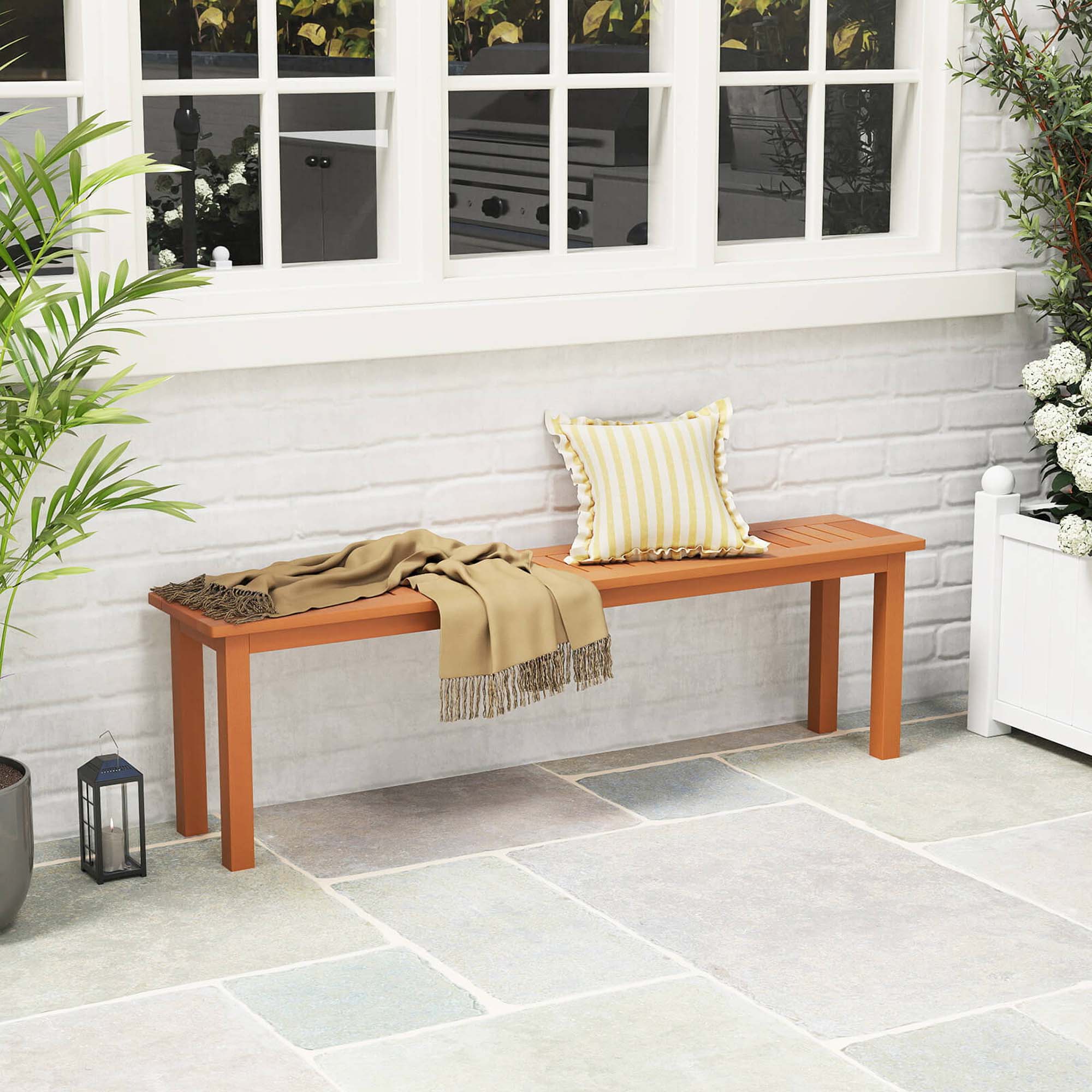 Angle. Costway - 59" Long Patio Dining Bench with Teak Oil Finish & Slat Seat Accent Entryway Bench - Natural.