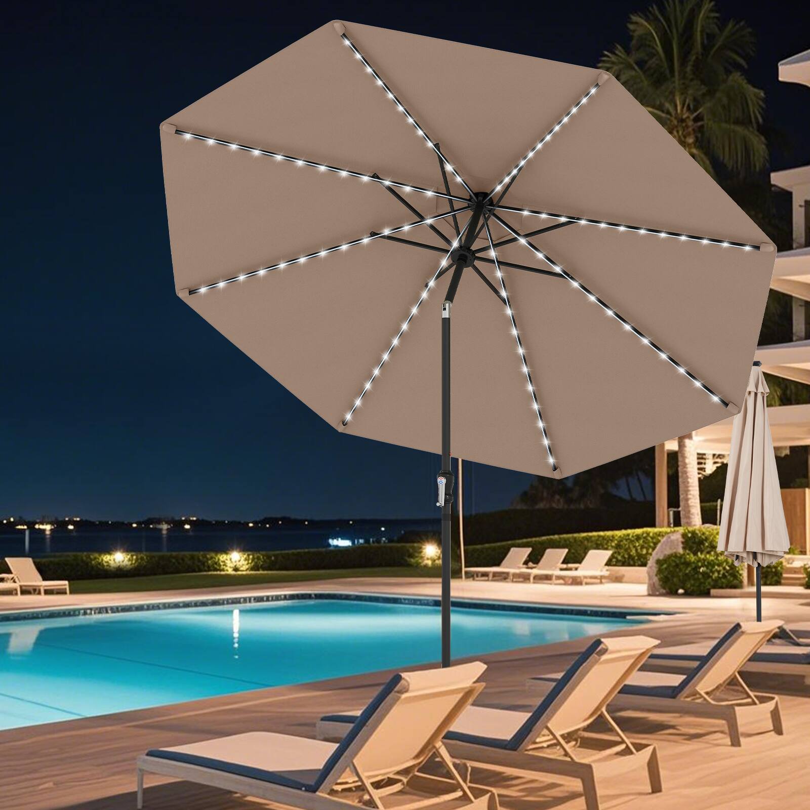 Alt View 4. Gymax - Gymax 10 FT Solar Patio Umbrella w/96 Multi-colored LED Lights & 9 Modes Vented Top Coffee - Coffee.