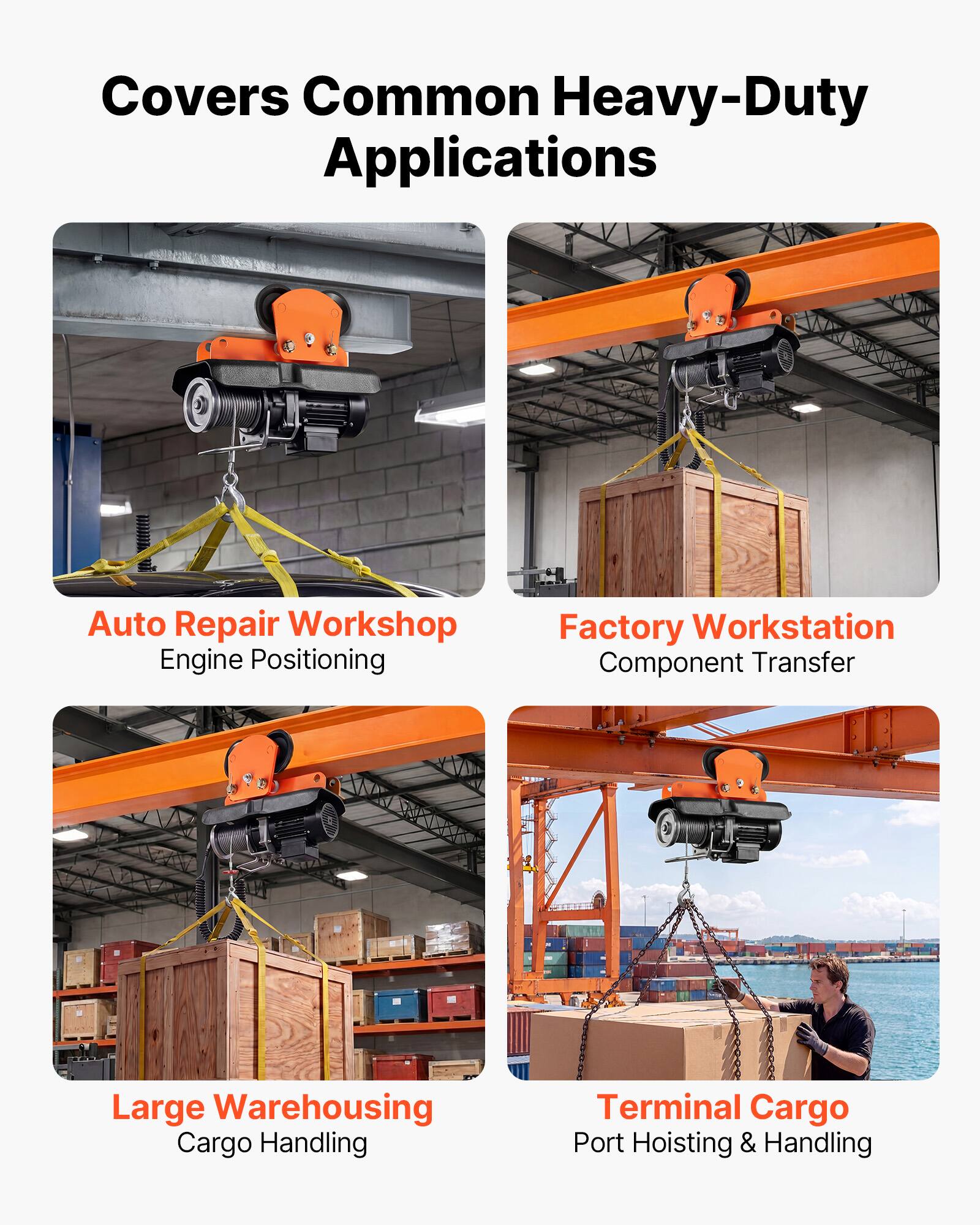 Covers Common Heavy-Duty Applications

Auto Repair Workshop
Engine Positioning

Factory Workstation
Component Transfer

Large Warehousing
Cargo Handling

Terminal Cargo
Port Hoisting & Handling