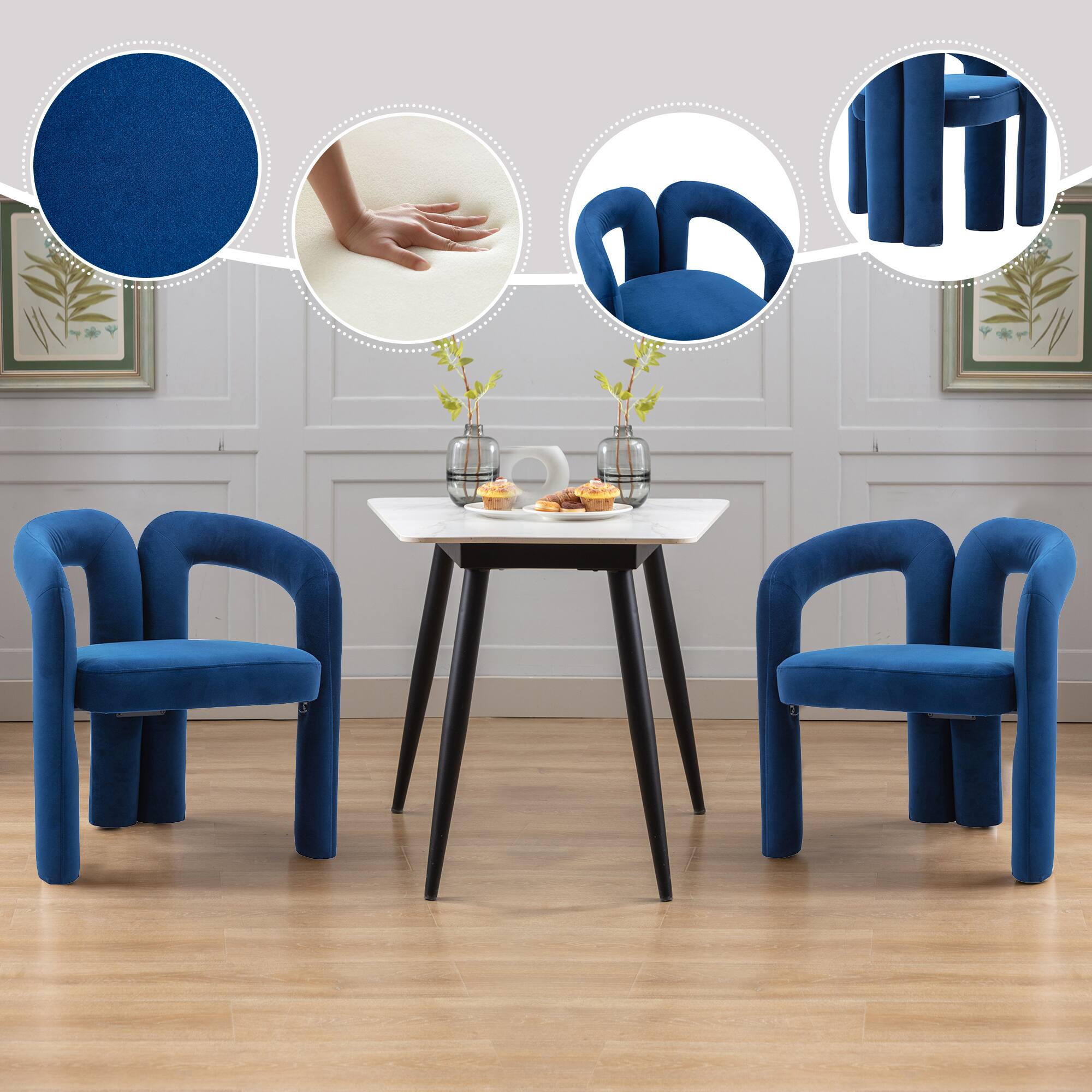 Alt View 5. Trinkets Crazed - Modern Barrel Dining Chairs Set of 2, Velvet Fabric Upholstered Kitchen  Accent Chairs with Arms/Open Back - Navy.