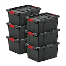 Front. Sterilite - Sterilite 15 Gal Industrial Tote Stackable Storage Bin with Latching Lid, 6 Pack - Black.