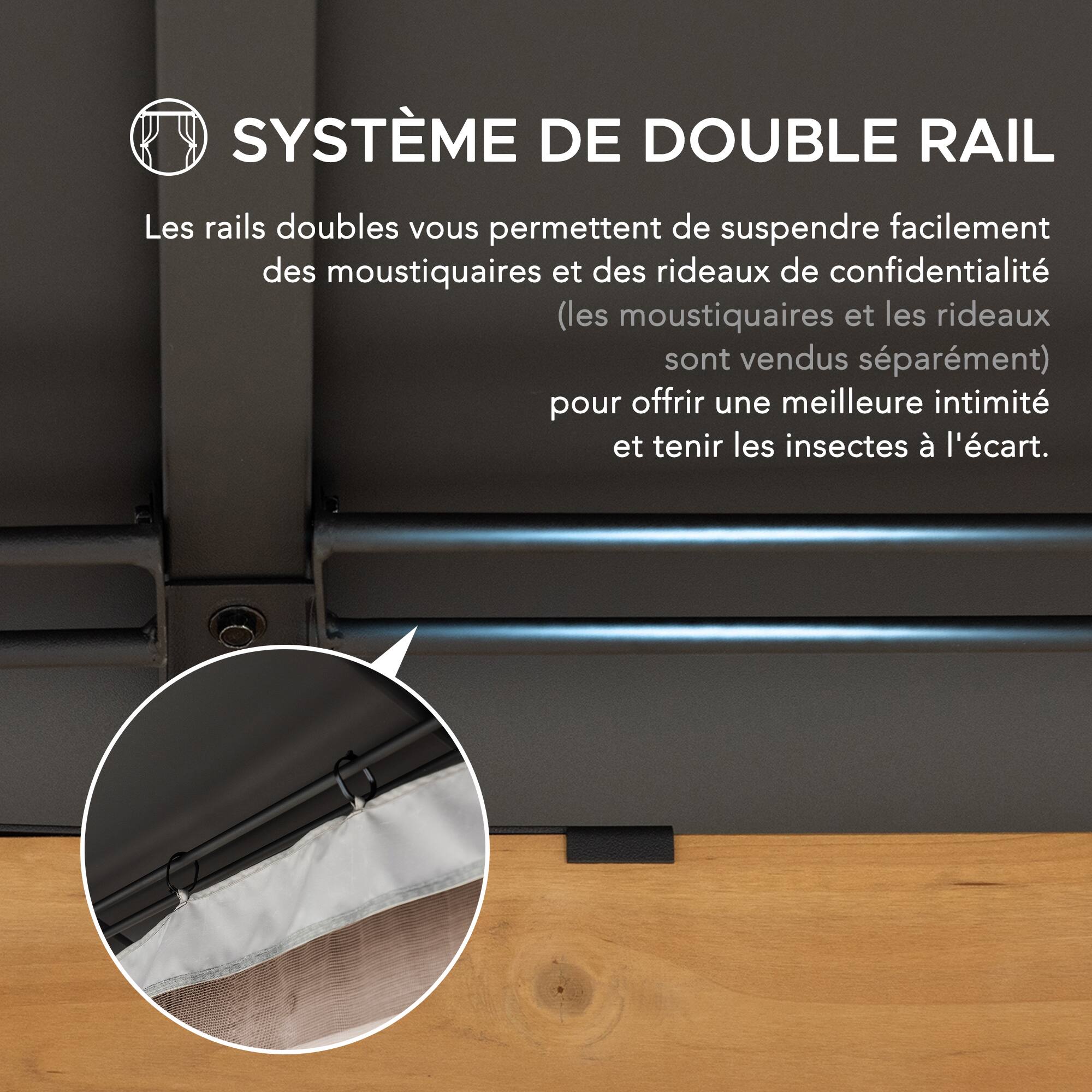 SYSTÈME DE DOUBLE RAIL

Les rails doubles vous permettent de suspendre facilement des moustiquaires et des rideaux de confidentialité (les moustiquaires et les rideaux sont vendus séparément) pour offrir une meilleure intimité et tenir les insectes à l'écart.
