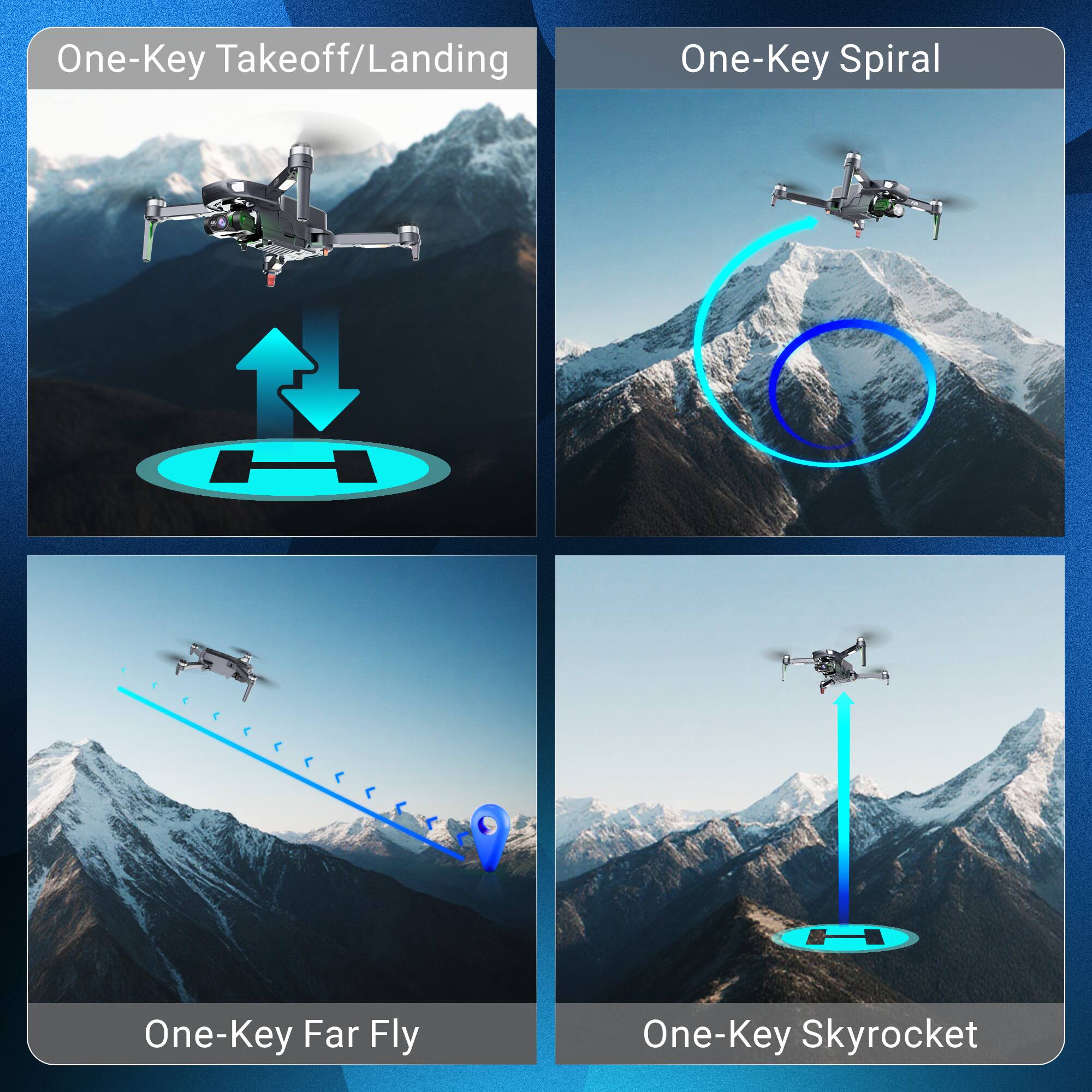 One-Key Takeoff/Landing  
One-Key Spiral  
One-Key Far Fly  
One-Key Skyrocket
