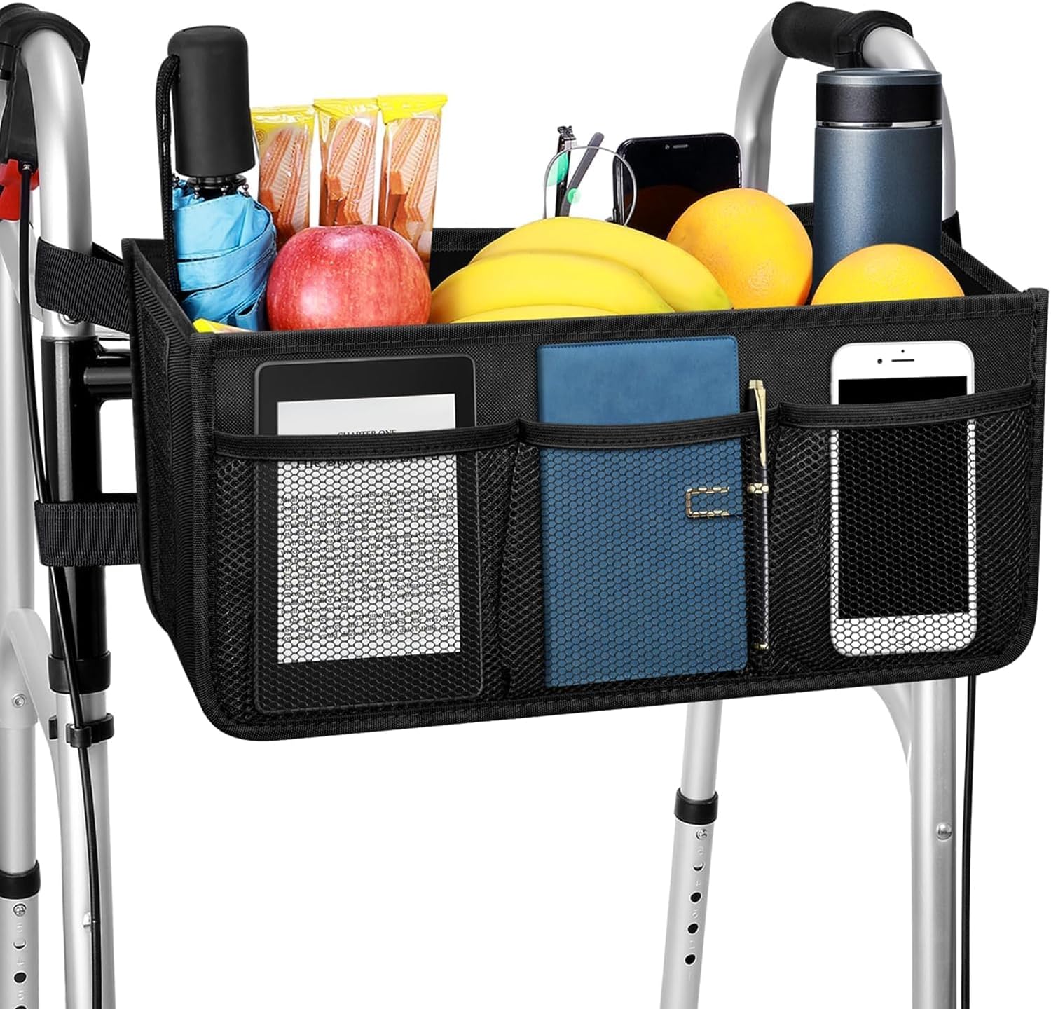 Front. Medical King - Walker Basket with Bag & Cup Holder – Water-Resistant, Easy Install Walker Accessories for Folding Walkers - Black.