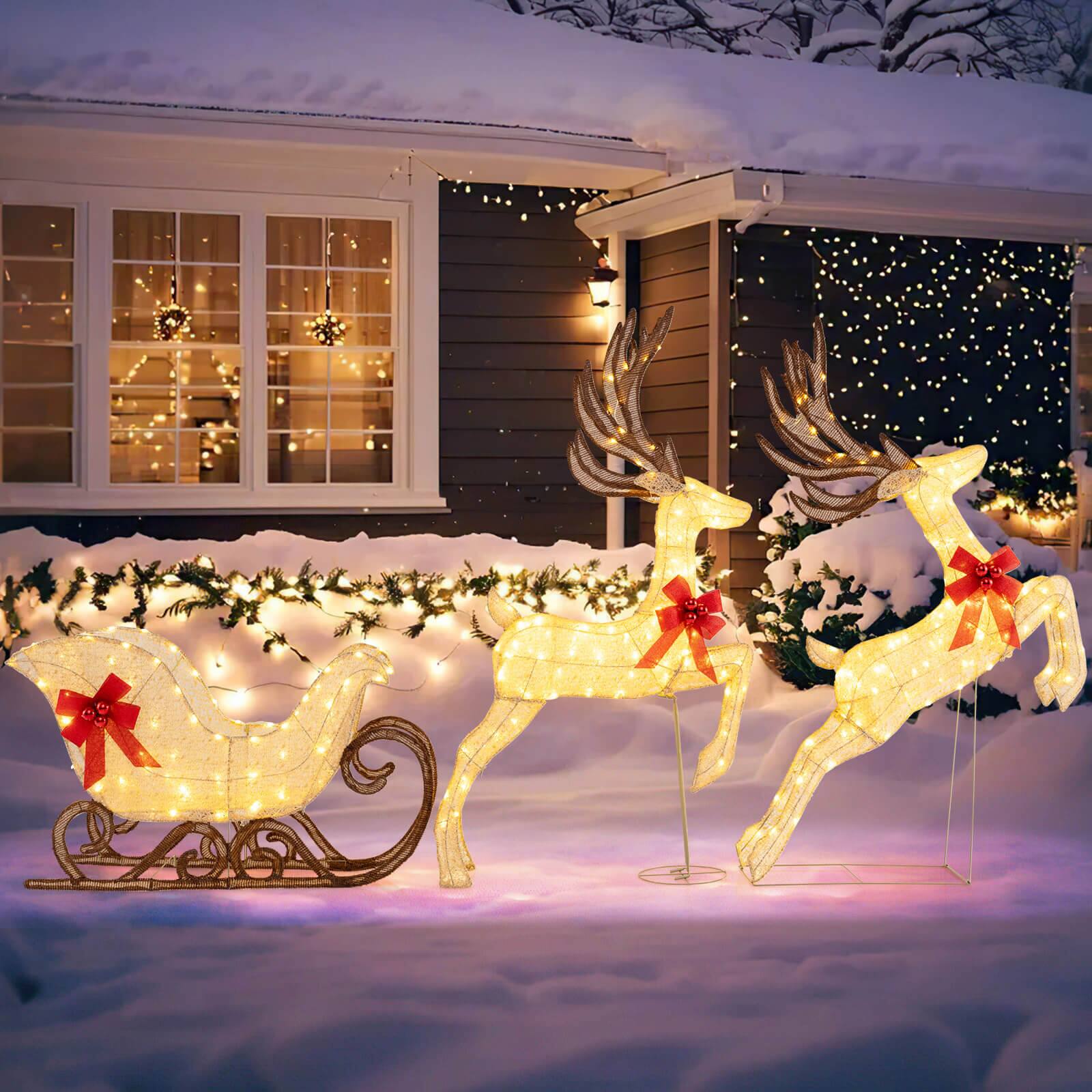 Alt View 3. Costway - Costway 3PCS Christmas Lighted Reindeer Sleigh Set with 280 White LED Lights Ground Stakes - Multicolor.