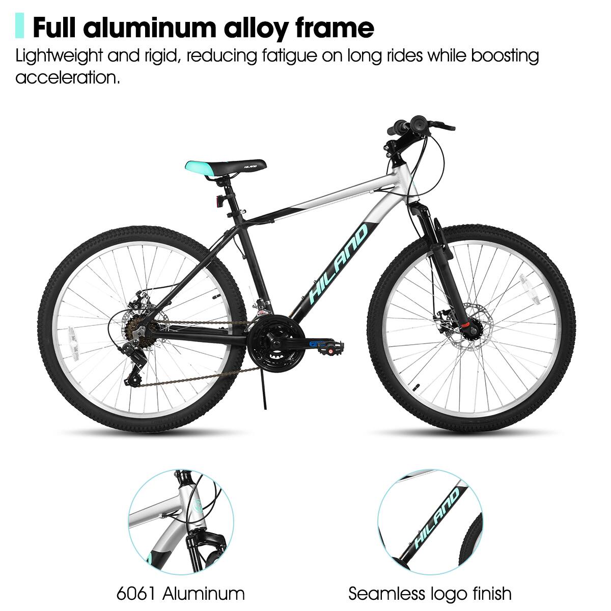 Full aluminum alloy frame  
Lightweight and rigid, reducing fatigue on long rides while boosting acceleration.  

HILAND on 6061 Aluminum  
Seamless logo finish