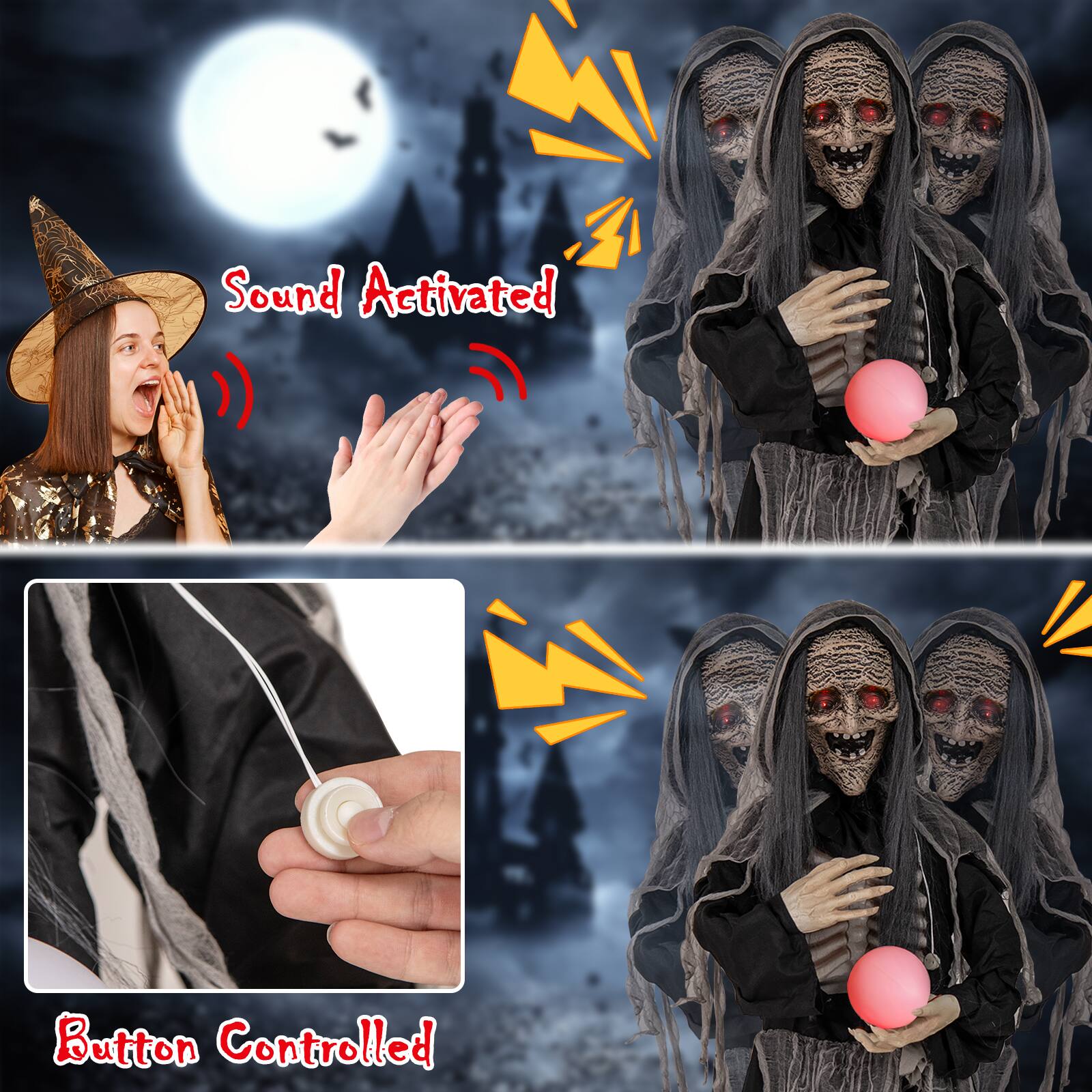 The image features a woman wearing a witch's hat and clapping her hands, with a sound activated button controlled ghost in the background. The ghost is holding a ball, and the woman appears to be interacting with it. The image is divided into two parts, with the woman and the ghost in one part and the sound activated button controlled ghost in the other.