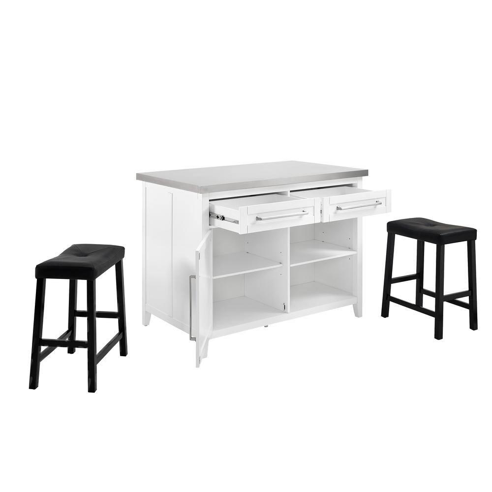 Alt View 8. Crosley Furniture - Silvia Stainless Steel Top Island W/Uph Saddle Stools, Kitchen Island & 2 Stools - White.