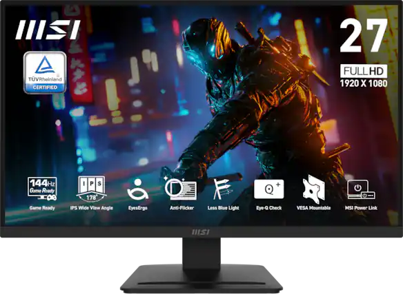 - TÜV Rheinland Certified
- 27 FULL HD 1920 x 1080
- 144Hz Game Ready
- IPS 178° Wide View Angle
- EyesErgo
- Anti-Flicker
- Less Blue Light
- Eye-Q Check
- VESA Mountable
- MSI Power Link