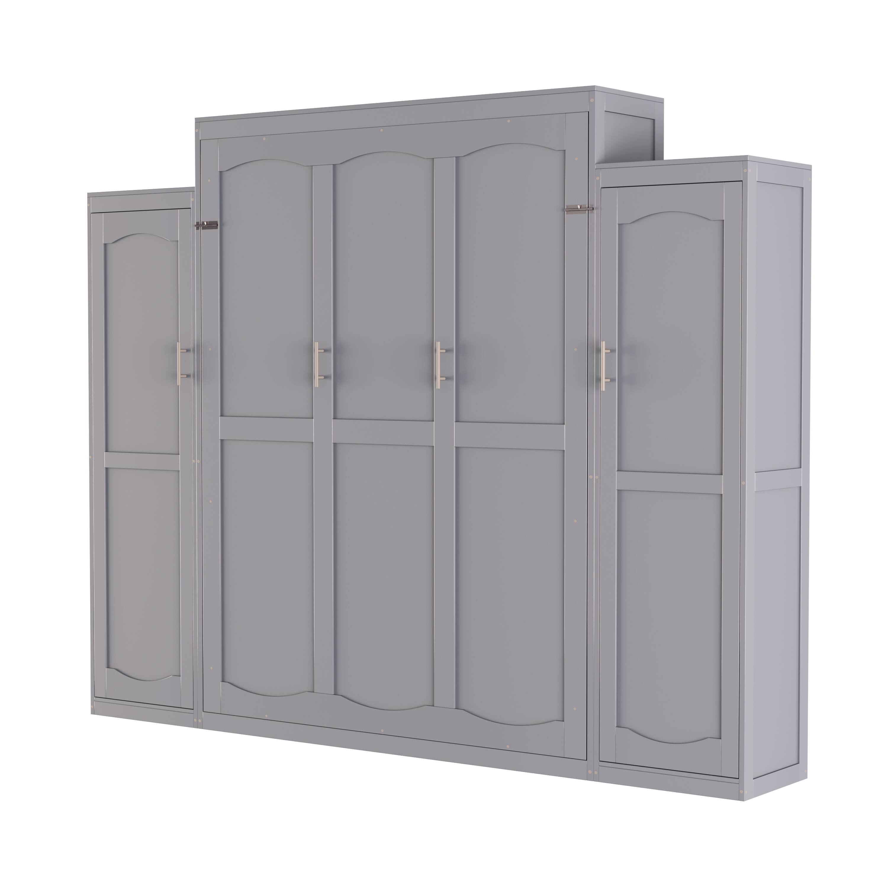 Alt View 8. Tiramisubest - Queen Size Murphy Bed with 2 Wardrobe and Storage Shelf, Multifunctional Foldable Platform Bedframe, Gray - Gray.