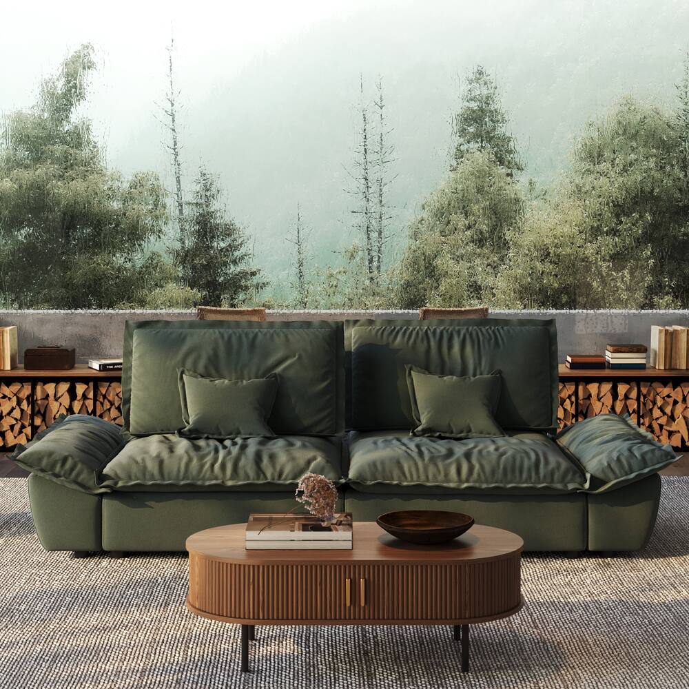 Angle. POVISON - 104.33" Sailboat Deep Sofa Stain Resistant Cozy Couch with Adjustable Backrest - Green Suede Fabric.