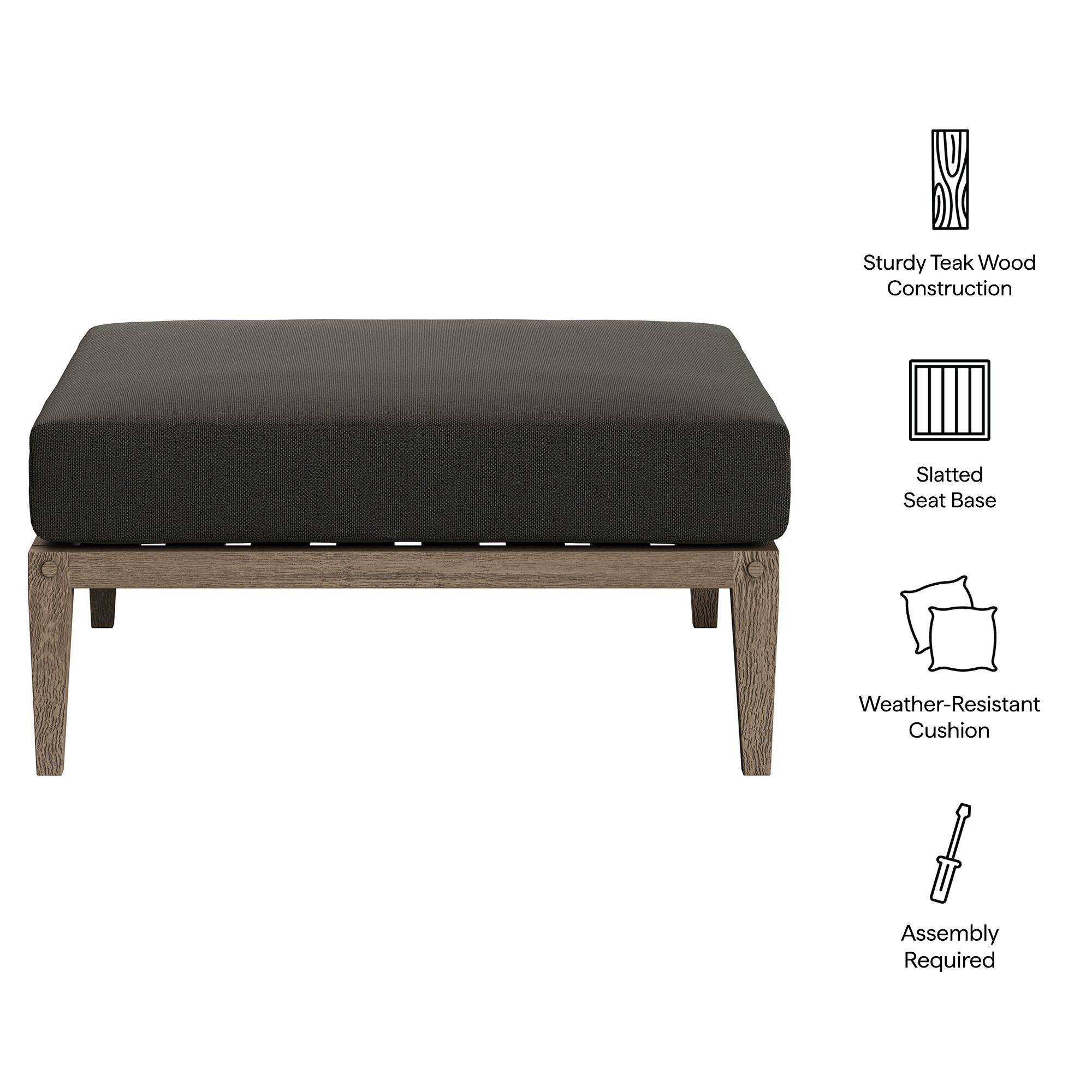 Sturdy Teak Wood Construction  
Slatted Seat Base  
Weather-Resistant Cushion  
Assembly Required