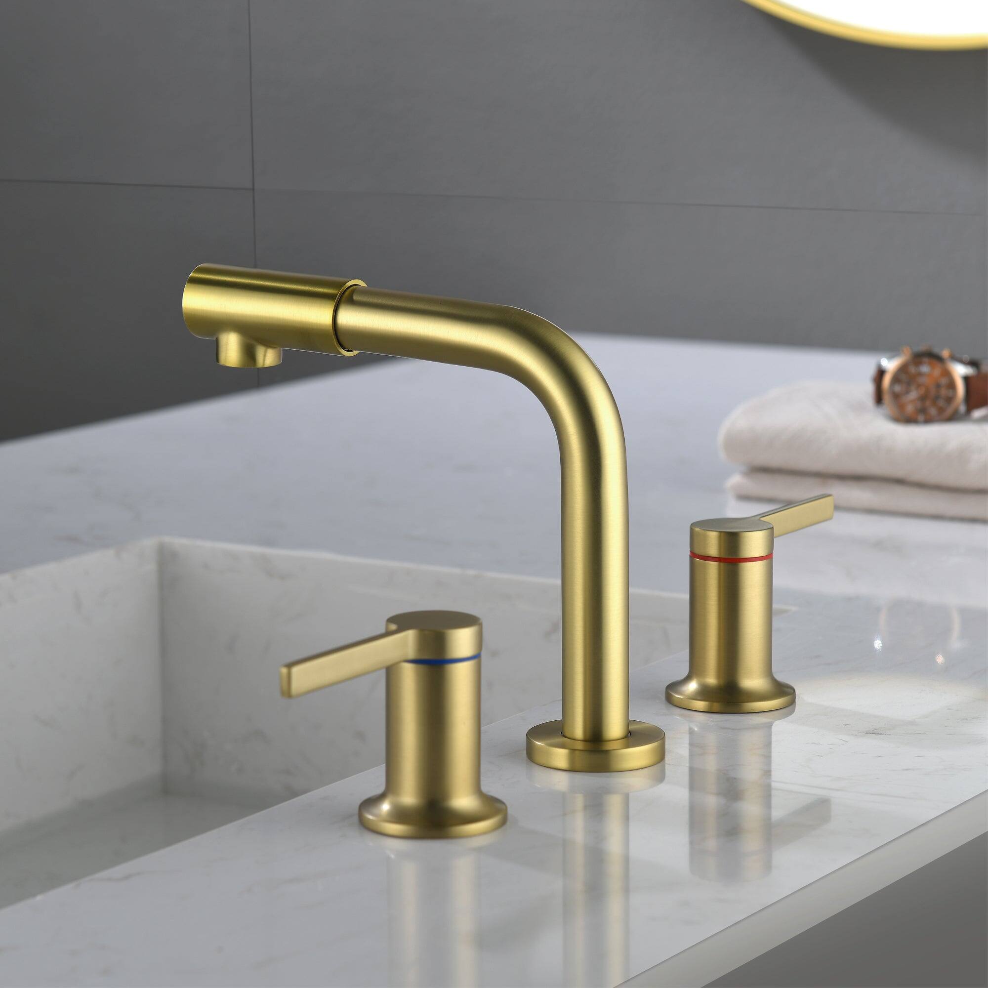 Angle. Boyel Living - 8 in Widespread Double Handle 360 Degree Swivel Spout Bathroom Faucet with Quick Connect Hose in Brushed Gold - Brushed Gold.