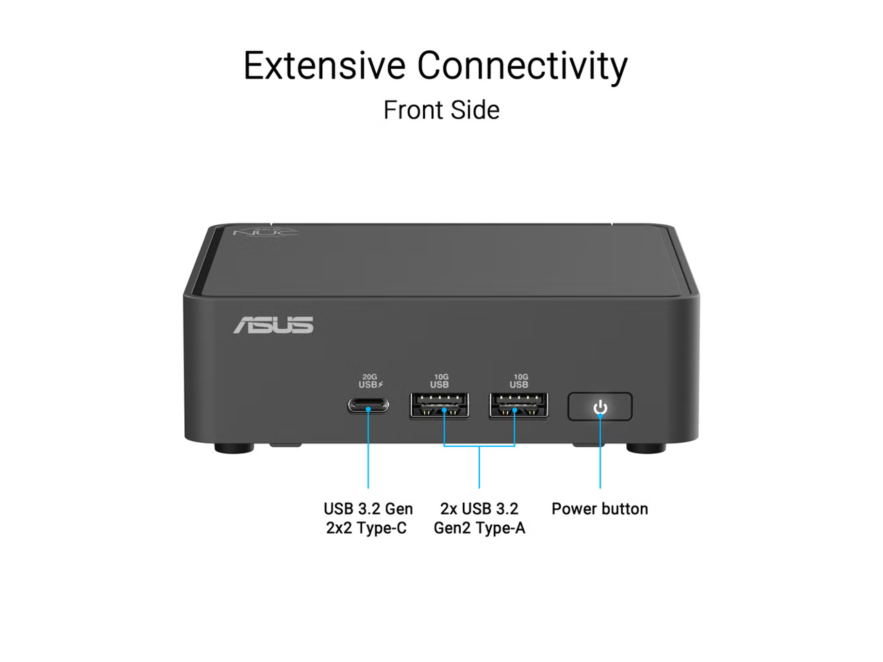 Extensive Connectivity  
Front Side

- USB 3.2 Gen 2x2 Type-C
- 2x USB 3.2 Gen2 Type-A
- Power button