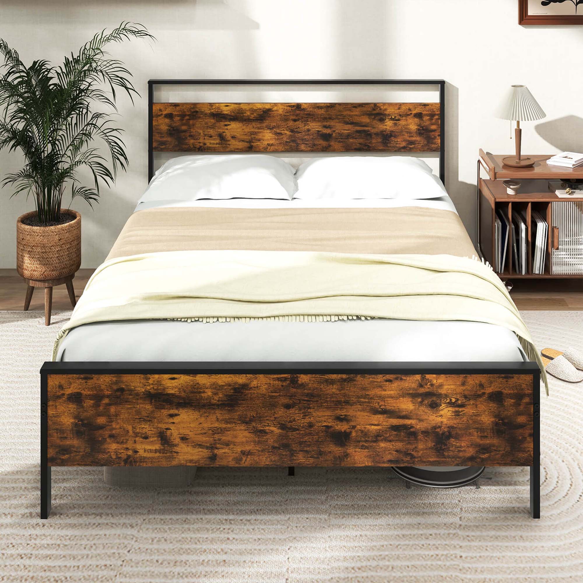 Alt View 1. Costway - Queen Size Bed Frame with Wooden Headboard and Footboard Under-Bed Storage - Brown.