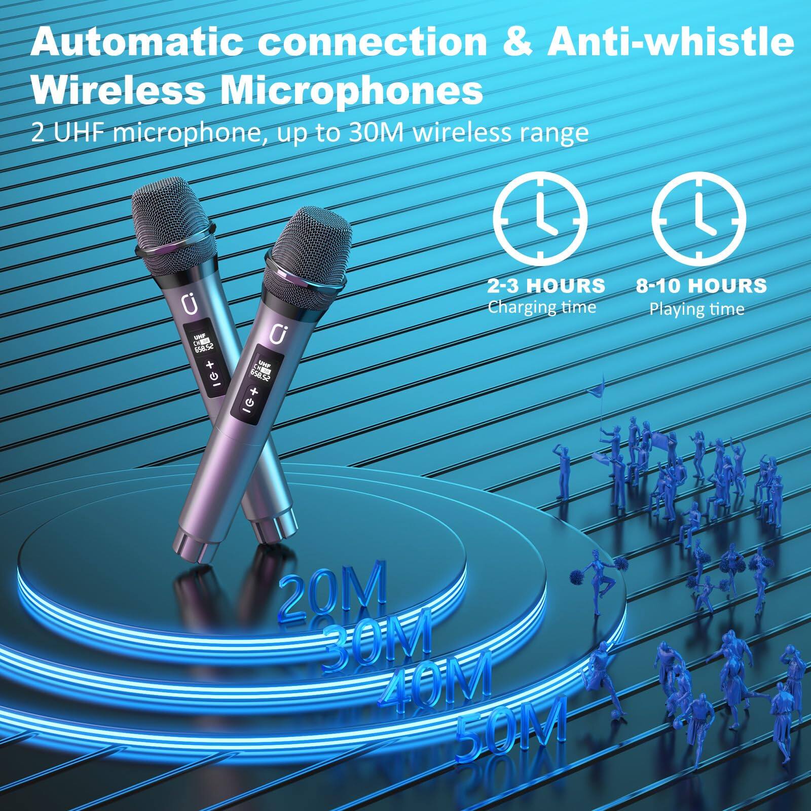 Automatic connection & Anti-whistle Wireless Microphones  
2 UHF microphone, up to 30M wireless range  

2-3 HOURS Charging time  
8-10 HOURS Playing time  

20M  
30M  
40M  
50M