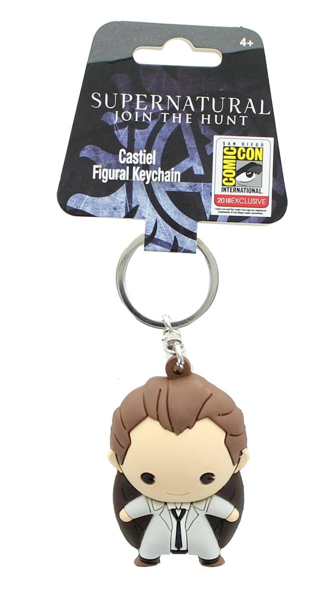 Sure, here is the corrected and grouped text from the image:

---

**SUPERNATURAL**  
**JOIN THE HUNT**

**Castiel**  
**Figural Keychain**

**COMIC CON INTERNATIONAL**  
**SAN DIEGO**  
**2018 EXCLUSIVE**

---

**4+**