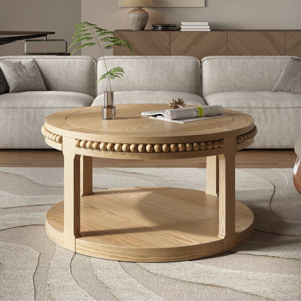 Alt View 1. Loheer - Loheer 31.5 inch round solid wood coffee table Two-Tier Open Storage - Natural Wood.
