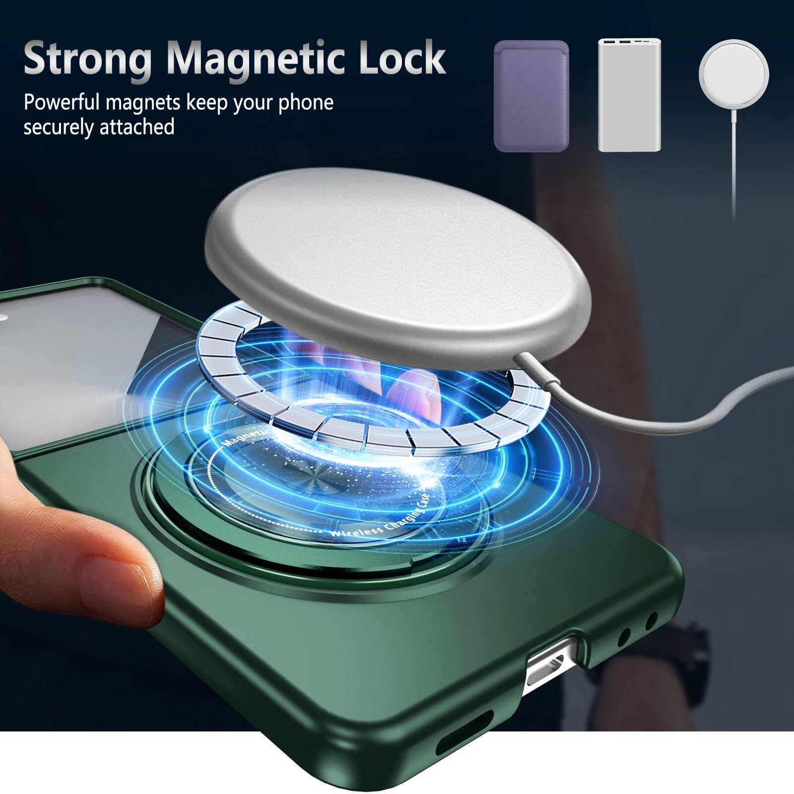 Strong Magnetic Lock  
Powerful magnets keep your phone securely attached  

Wireless Charger