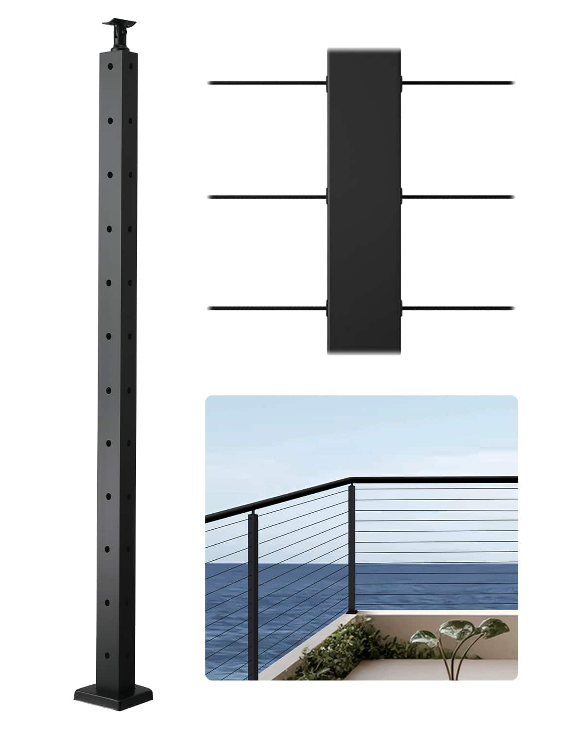 VEVOR - Cable Railing Post, 42x1x2 Inch Corner Railing Post, with L-Shaped Pre-Drilled Holes, Stainless Steel Cable Rail Post - Black