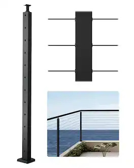 VEVOR - Cable Railing Post, 42x1x2 Inch Corner Railing Post, with L-Shaped Pre-Drilled Holes, Stainless Steel Cable Rail Post - Black