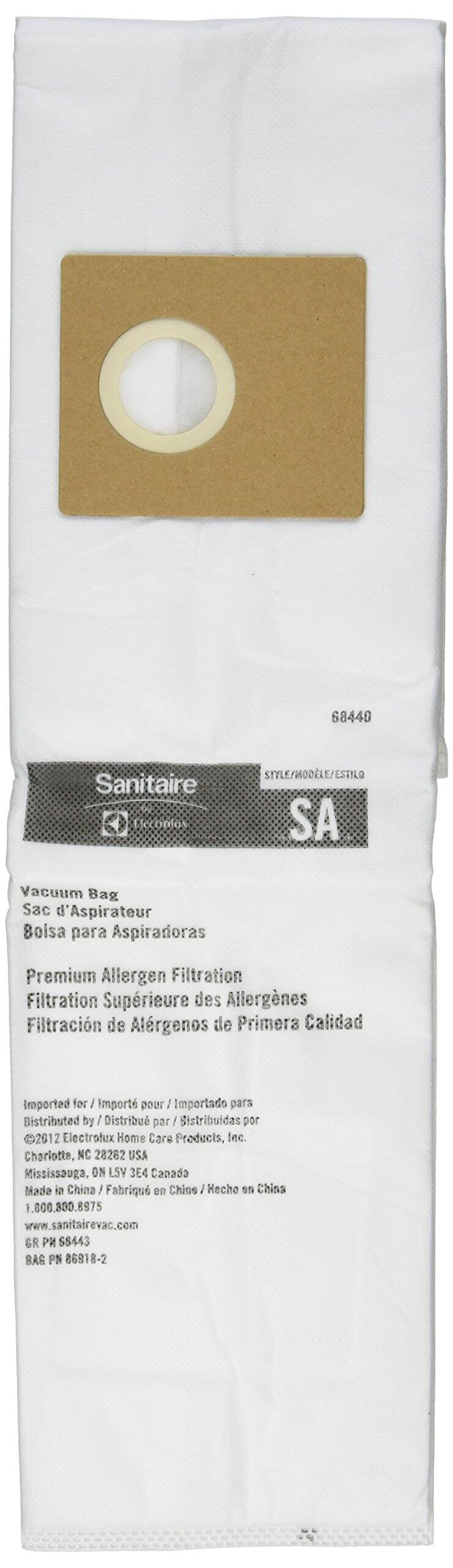68440  
Sanitaire  
STYLE/MODEL/ESTILO  
SA  

Vacuum Bag  
Sac d'Aspirateur  
Bolsa para Aspiradoras  

Premium Allergen Filtration  
Filtration Supérieure des Allergènes  
Filtración de Alergenos de Primera Calidad  

Imported for / Importé pour / Importado para  
Distributed by / Distribué par / Distribuidas por  
©2012 ElectroLux Home Care Products, Inc.  
Charlotte, NC 28282 USA  
Mississauga, ON L5V 3E4 Canada  
Made in China / Fabriqué en Chine / Hecho en China  
1.800.800.8975  
www.sanitairevac.com  
GR PN 68443  
BAG PN 86818-2
