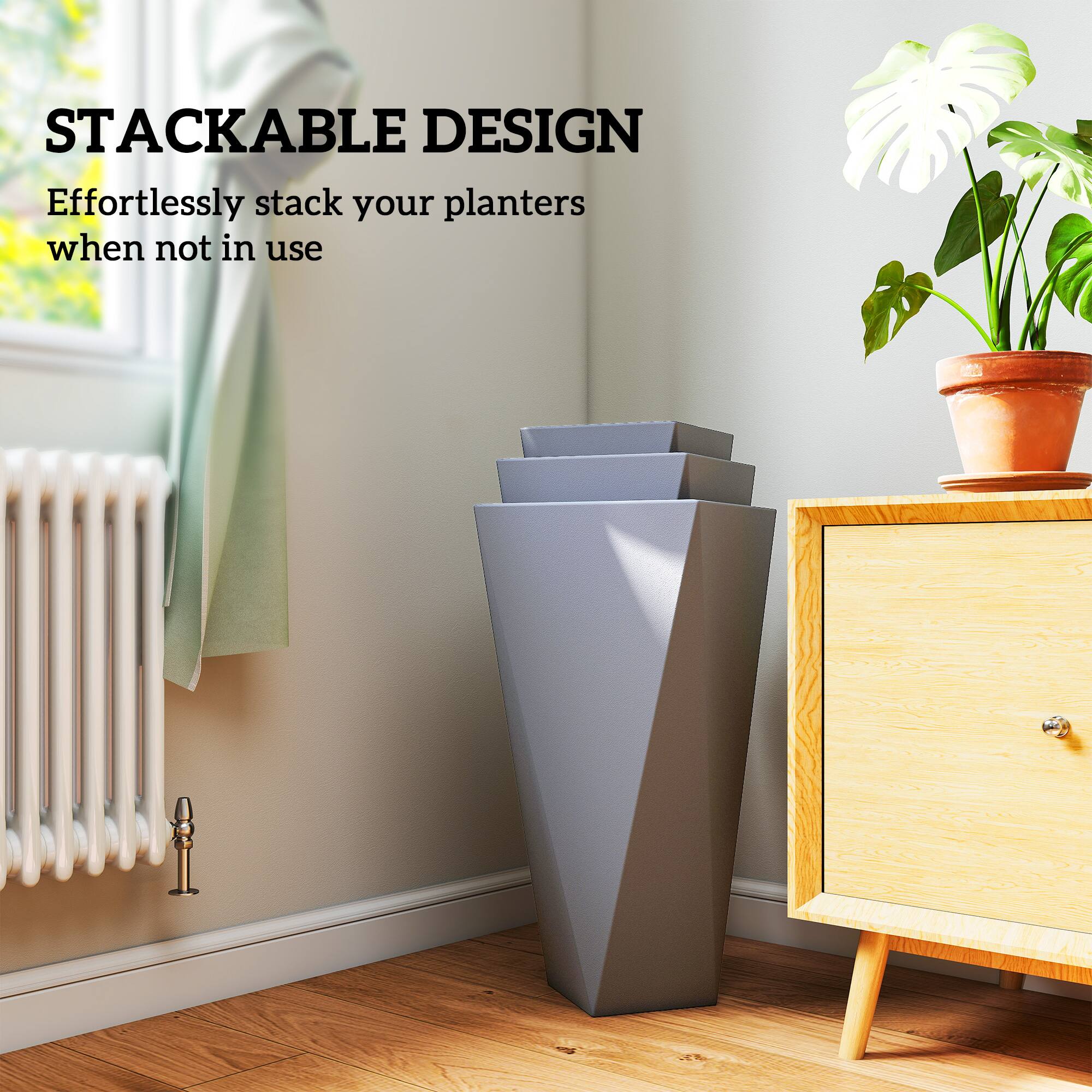 STACKABLE DESIGN
Effortlessly stack your planters when not in use