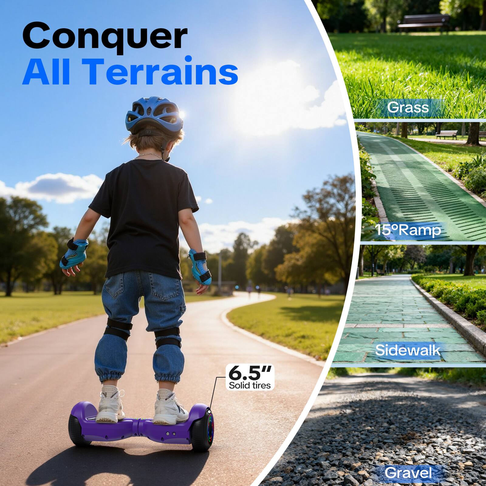 Conquer All Terrains  
Grass  
15° Ramp  
6.5" Solid tires  
Sidewalk  
Gravel