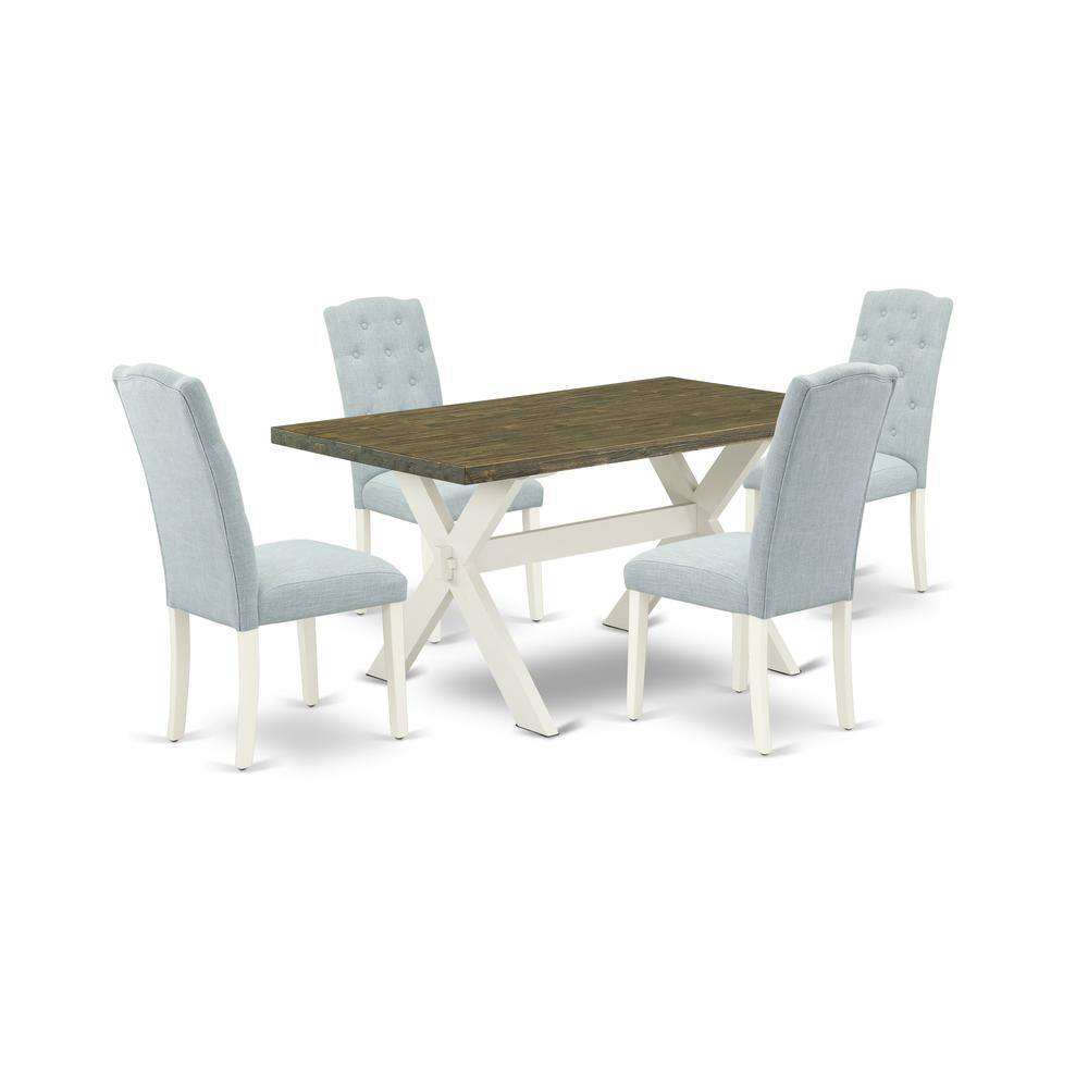 Left. East West Furniture - East West Furniture X076CE215-5 5-Pc Dining Table Set- 4 Dining Padded Chairs with Baby Blue Linen Fabric Seat and - Multi-Color.
