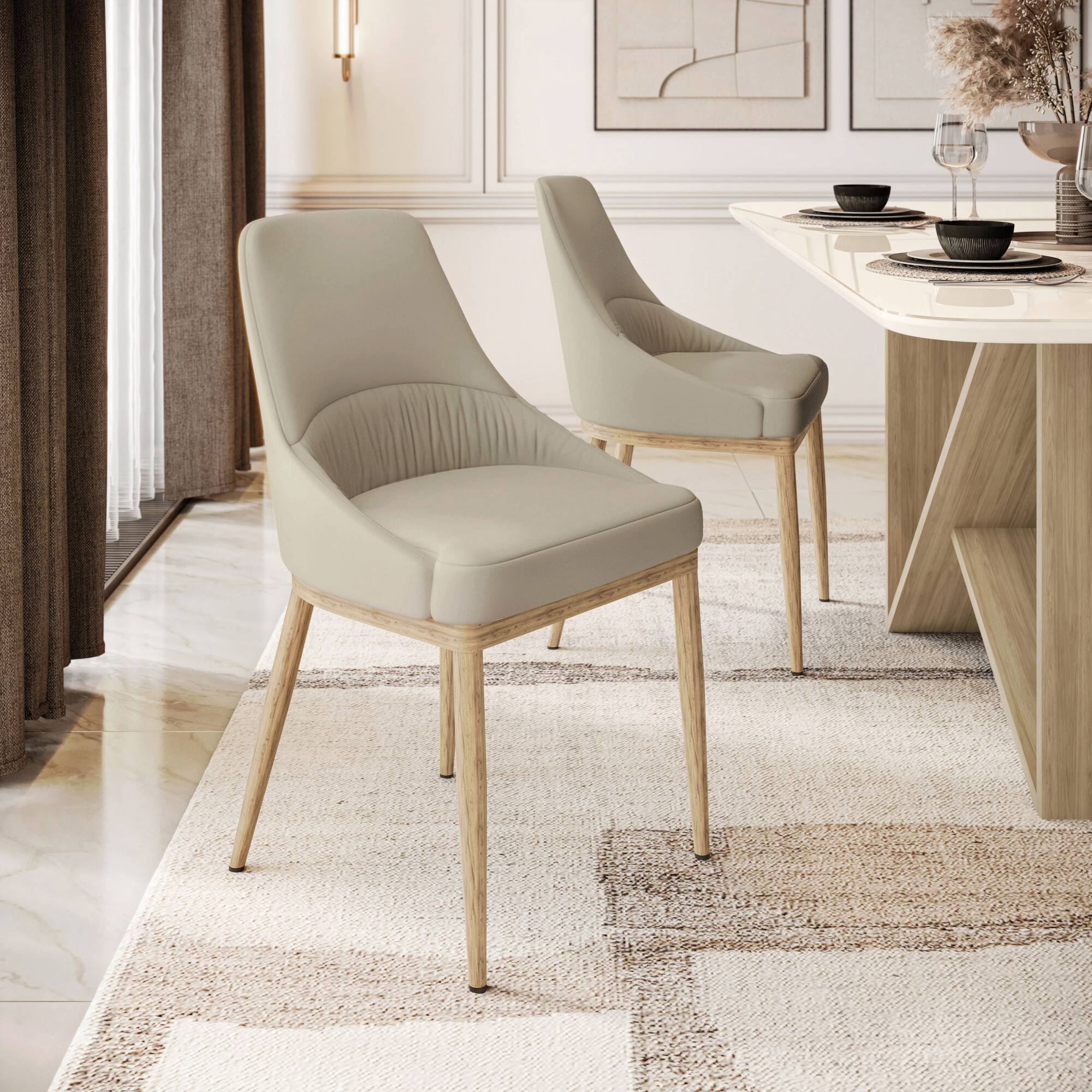 Front. GOODSILO - Contemporary Armless Dining Chair with Taupe Upholstery and Sleek Black Metal Legs, Set of 2 - Taupe+Natural.