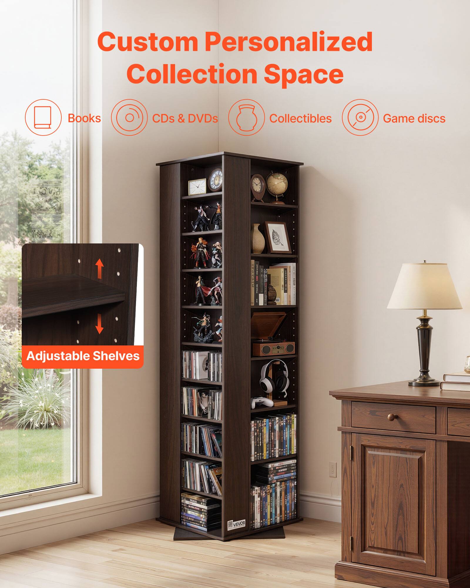 Custom Personalized Collection Space

- Books
- CDs & DVDs
- Collectibles
- Game discs

Adjustable Shelves