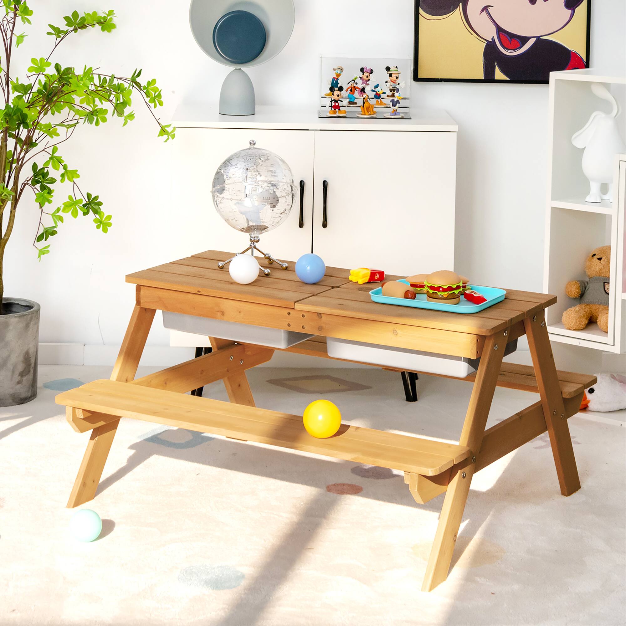 Alt View 2. Costway - Costway 3-in-1 Kids Picnic Table Wooden Outdoor Sand & Water Table with Umbrella Play Boxes - Green.