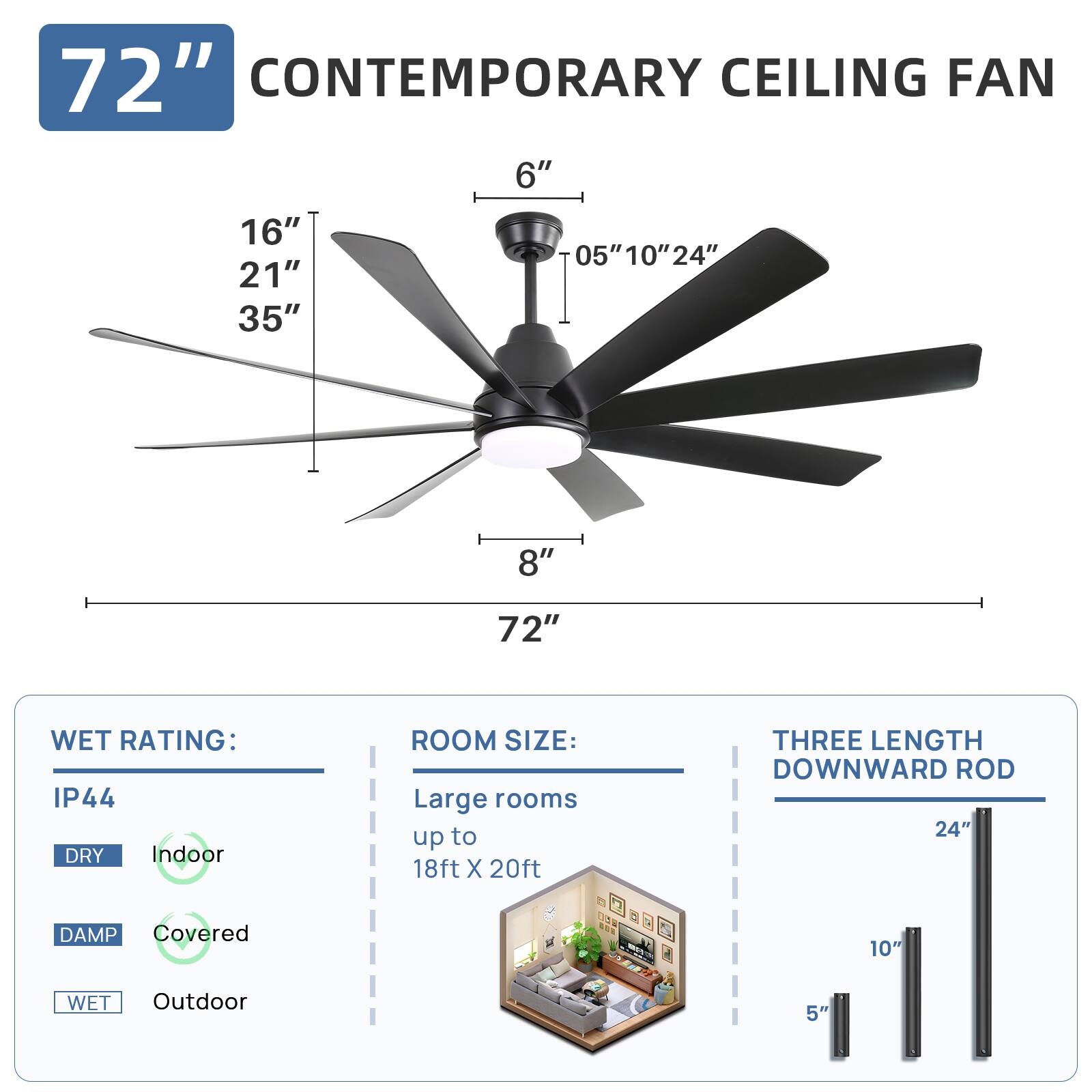 72" Contemporary Ceiling Fan

- Blade Length: 35"
- Blade Width: 16"
- Blade Height: 21"
- Overall Height: 35"
- Diameter: 72"
- Downward Rod Length: 24", 10", 5"

Wet Rating: IP44
- Dry: Indoor
- Damp: Covered
- Wet: Outdoor

Room Size: Large rooms up to 18ft x 20ft

Three Length Downward Rod: 24", 10", 5"