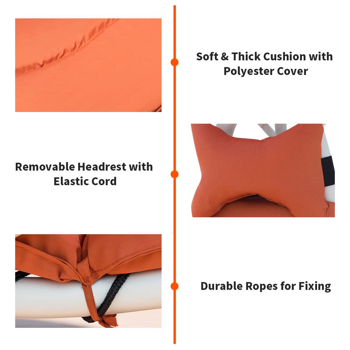 - Soft & Thick Cushion with Polyester Cover
- Removable Headrest with Elastic Cord
- Durable Ropes for Fixing
