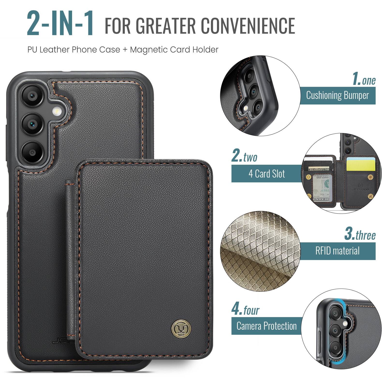2-IN-1 FOR GREATER CONVENIENCE  
PU Leather Phone Case + Magnetic Card Holder  

1. one  
Cushioning Bumper  

2. two  
4 Card Slot  

3. three  
RFID material  

4. four  
Camera Protection
