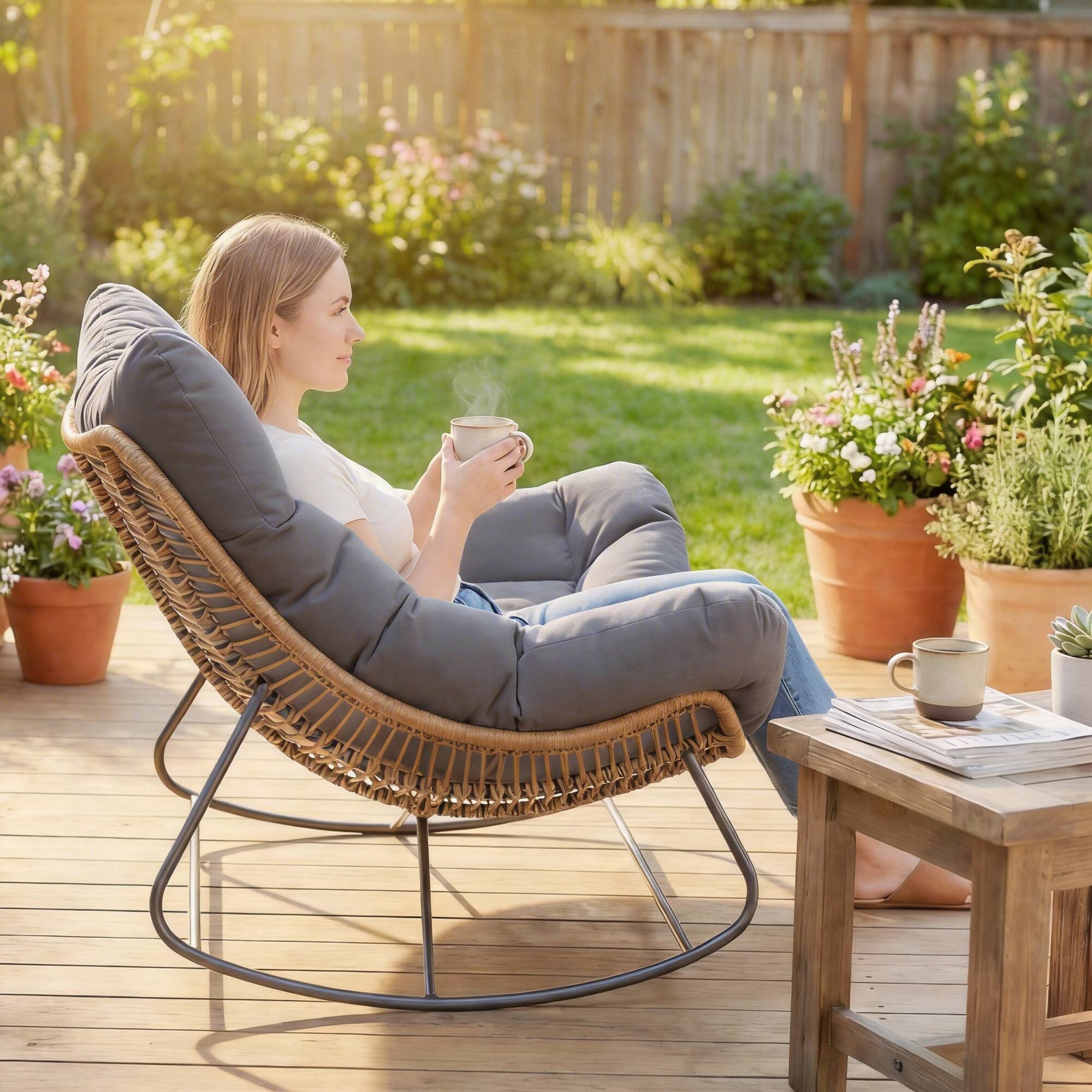 Alt View 8. Outsunny - Outdoor Double Papasan Rocking Chair, Oversized Rocking Egg Chair with Cushion for Garden - Gray.
