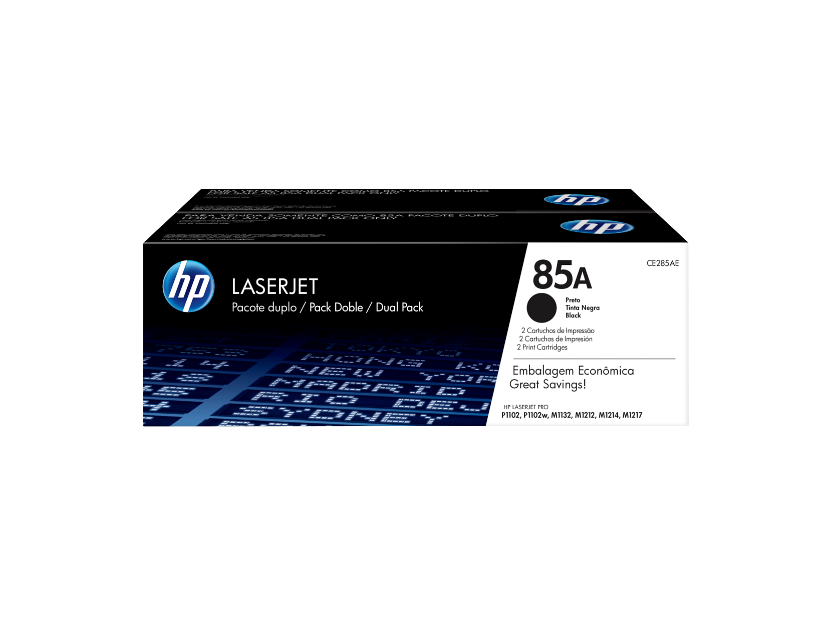 Sure, here is the corrected and grouped text:

---

**HP LASERJET**  
Pacote duplo / Pack Doble / Dual Pack  
hp CE285AE  
Preto / Negro / Black  
Tinta Negra / Tinta Negra / Black Ink  
2 Cartuchos de Impresión / 2 Print Cartridges / 2 Cartuchos de Impresión  
Embalagem Econômica / Great Savings!  

**HP LASERJET PRO**  
P1102, P1102w, M1132, M1212, M1214, M1217  

---

**85A**  
Preto / Negro / Black Ink  
CE285AE  

---

**HP LASERJET PRO**  
P1102, P1102w, M1132, M1212, M1214, M1217  

---