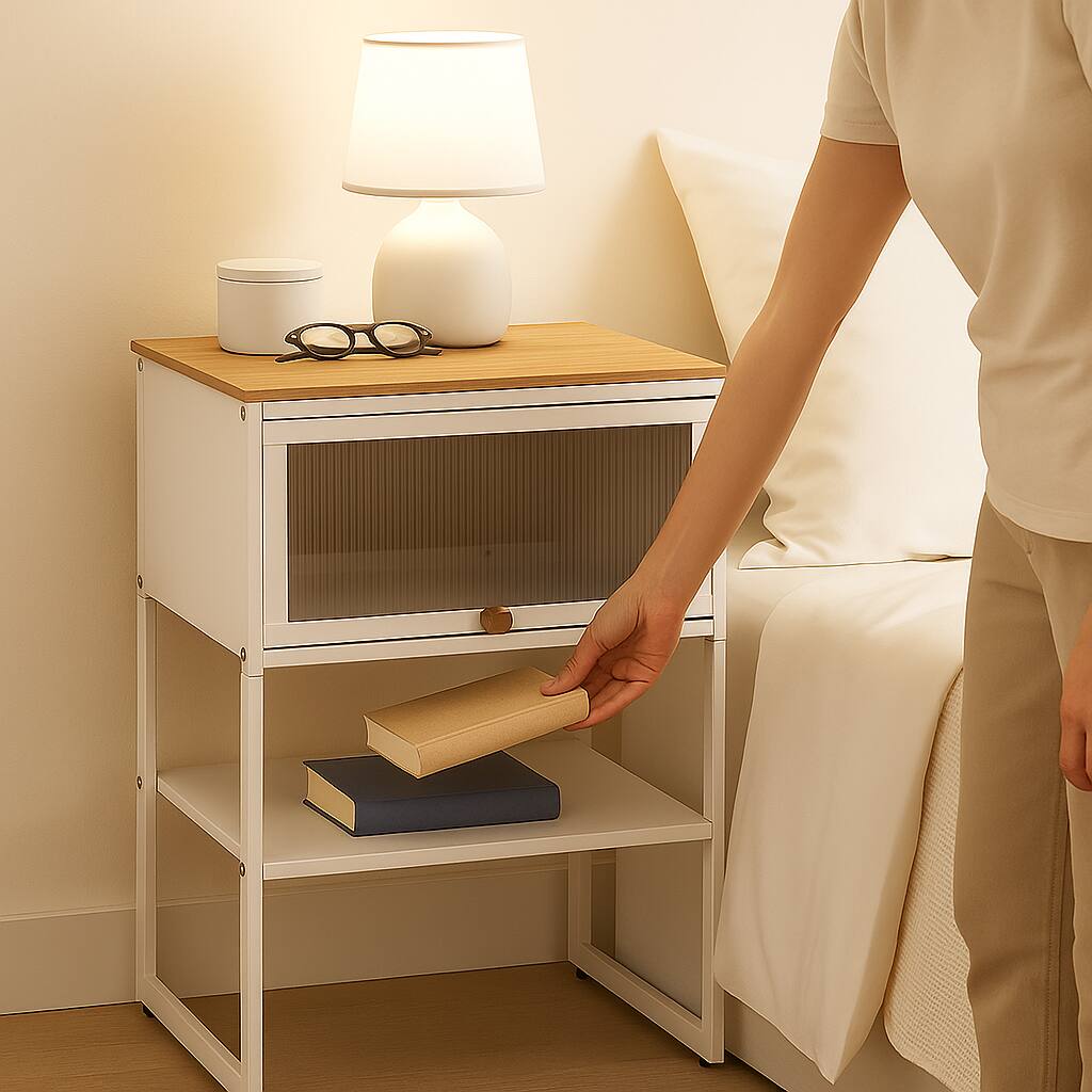 Angle. Hivvago - Bedside Table with Lift-Up Door and Storage Shelf - White.