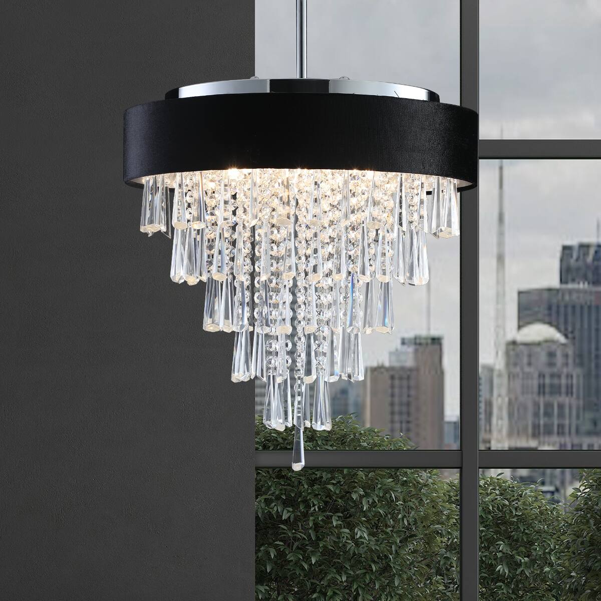 Angle. Loheer - Loheer 18-Inch Modern Crystal Chandelier with Black Velvet Shade, Adjustable Height, Eight-Light G9 Fixture.