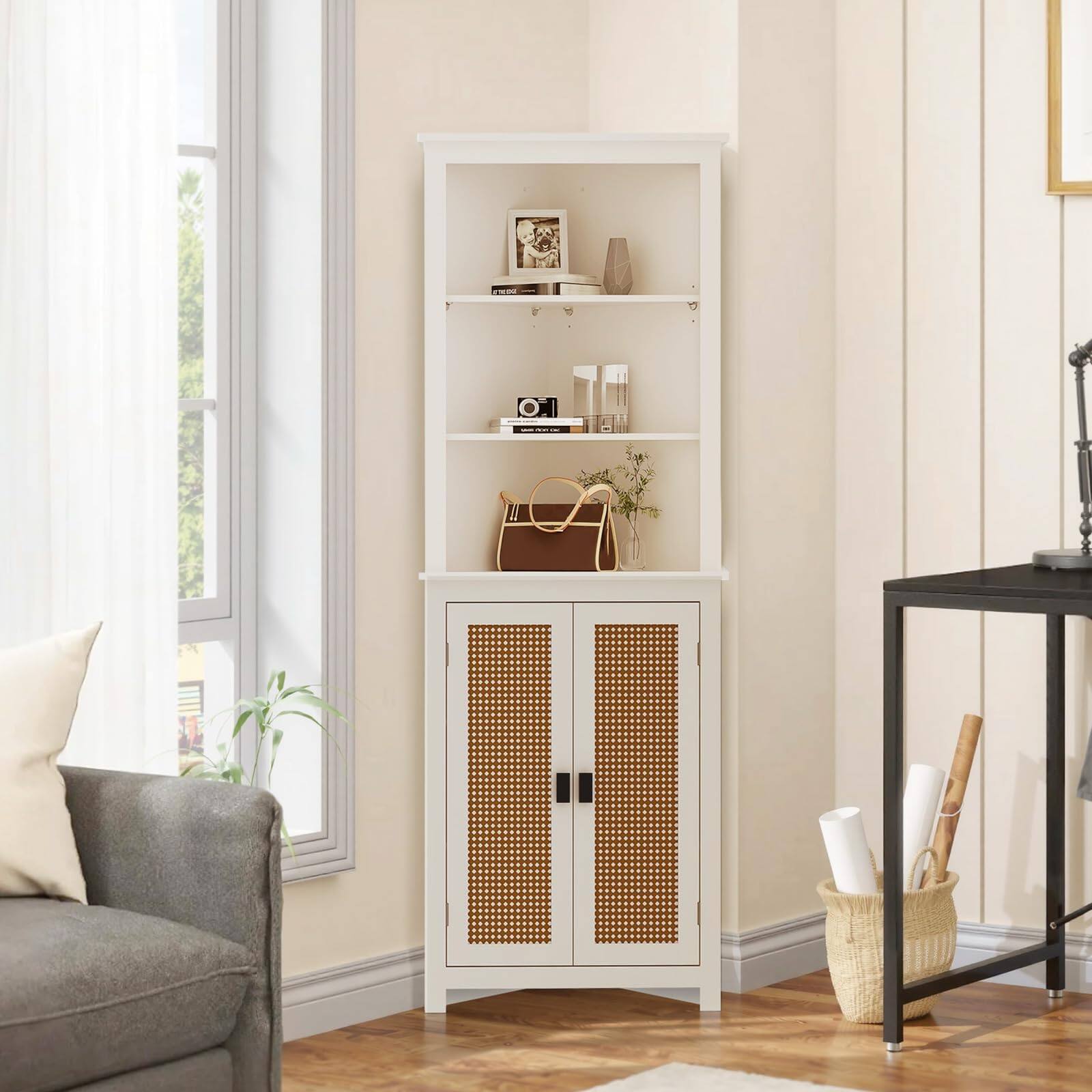 Back. Babevy - 63.8" Corner Cabinet with Adjustable Shelves, Rattan Doors, Space-Saving Storage for Living Room - White.