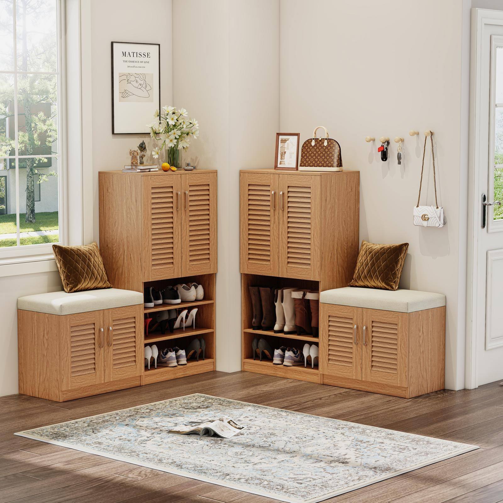 Back. Spaco - Spaco Shoe Cabinet with 7+3 Storage Compartments and Bench, Adjustable Layer Board Shoe Rack with Cushion for Entryway - Oak.