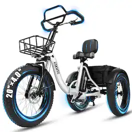 Eskute - Folding Electric Tricycle - Butterfly Handlebars, Backrest Seat, Low-Step, Up to 80 Miles, Fat Tires, Cargo Baskets - 20 - White