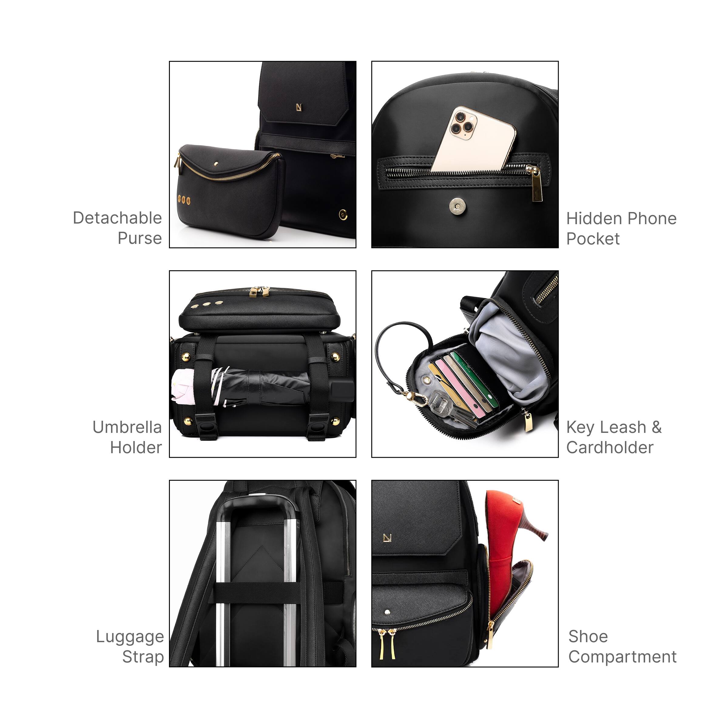 - Detachable Purse
- Hidden Phone Pocket
- Umbrella Holder
- Key Leash & Cardholder
- Luggage Strap
- Shoe Compartment
