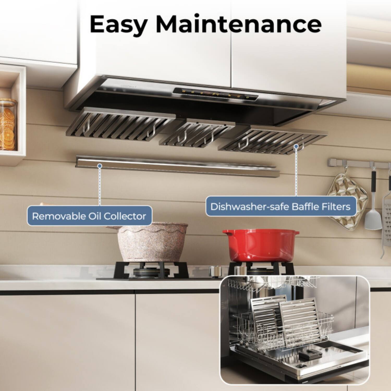 Easy Maintenance  
- Removable Oil Collector  
- Dishwasher-safe Baffle Filters